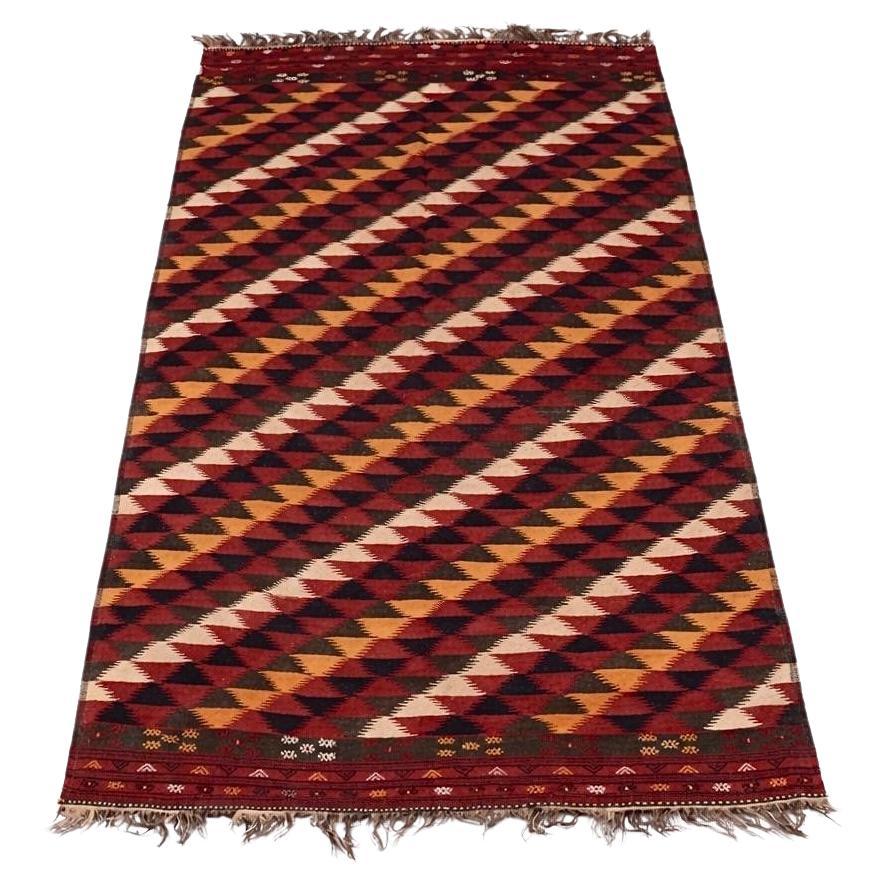 Vintage Anatolian Handwoven Kilim Rug in Red & Indigo Geometric Wool