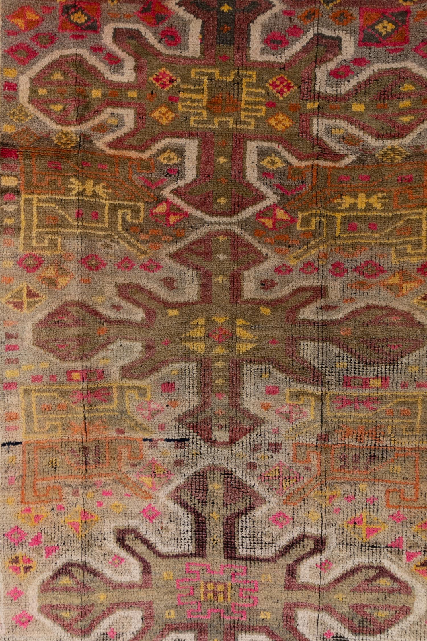 Whimsical and unique, this wool on wool Herki rug is a hard to find Size and color way.

Material: Wool

Age: circa 1950

Wear Guide: 3 

Wear Notes:
Vintage and antique rugs are by nature, pre-loved and may show evidence of their past.