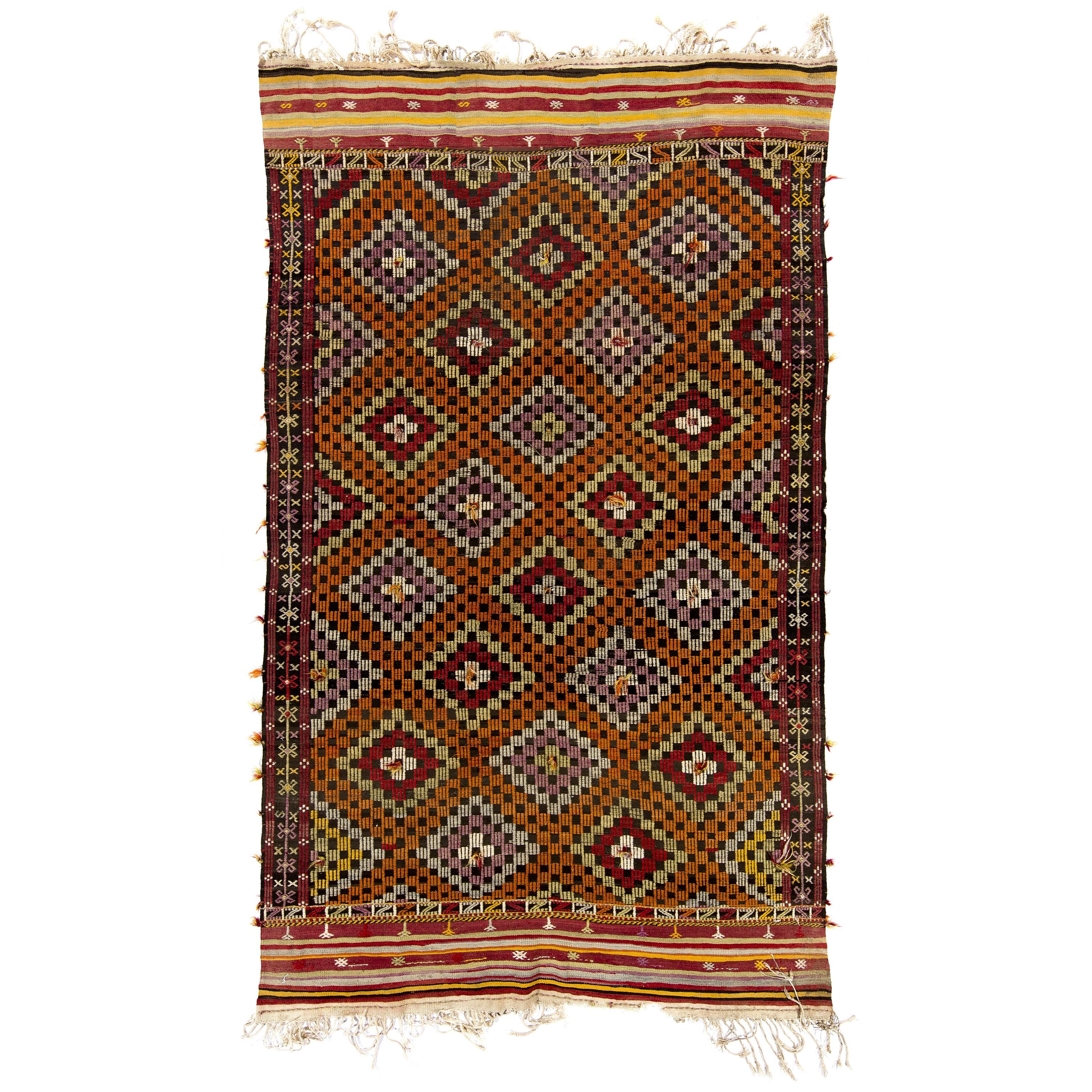 6.7x11 Ft Vintage Anatolian Jijim Kilim Rug, One of a Kind Hand-Woven Carpet For Sale