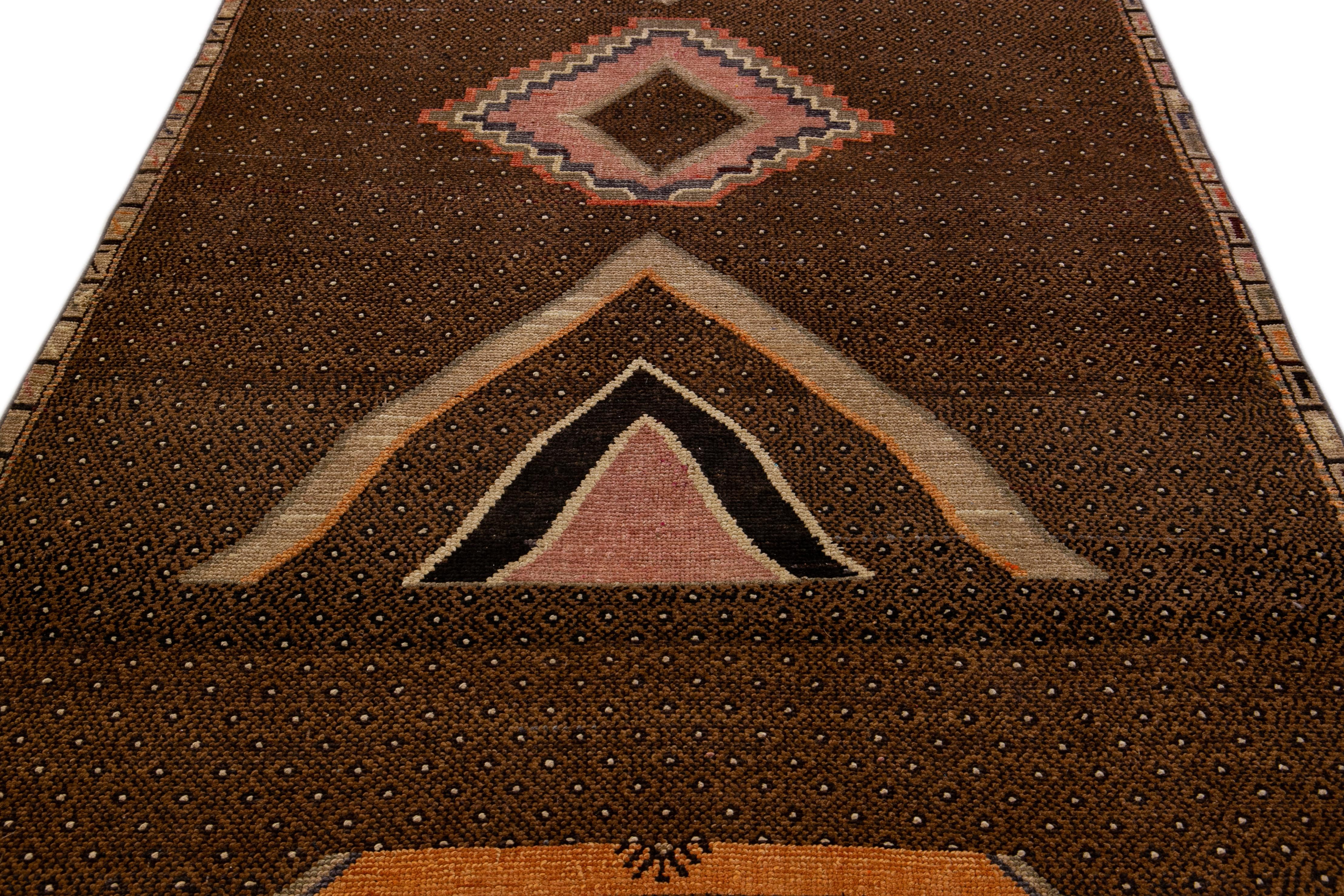 Islamic Vintage Anatolian Kars Handmade Brown Geometric Wool Rug For Sale