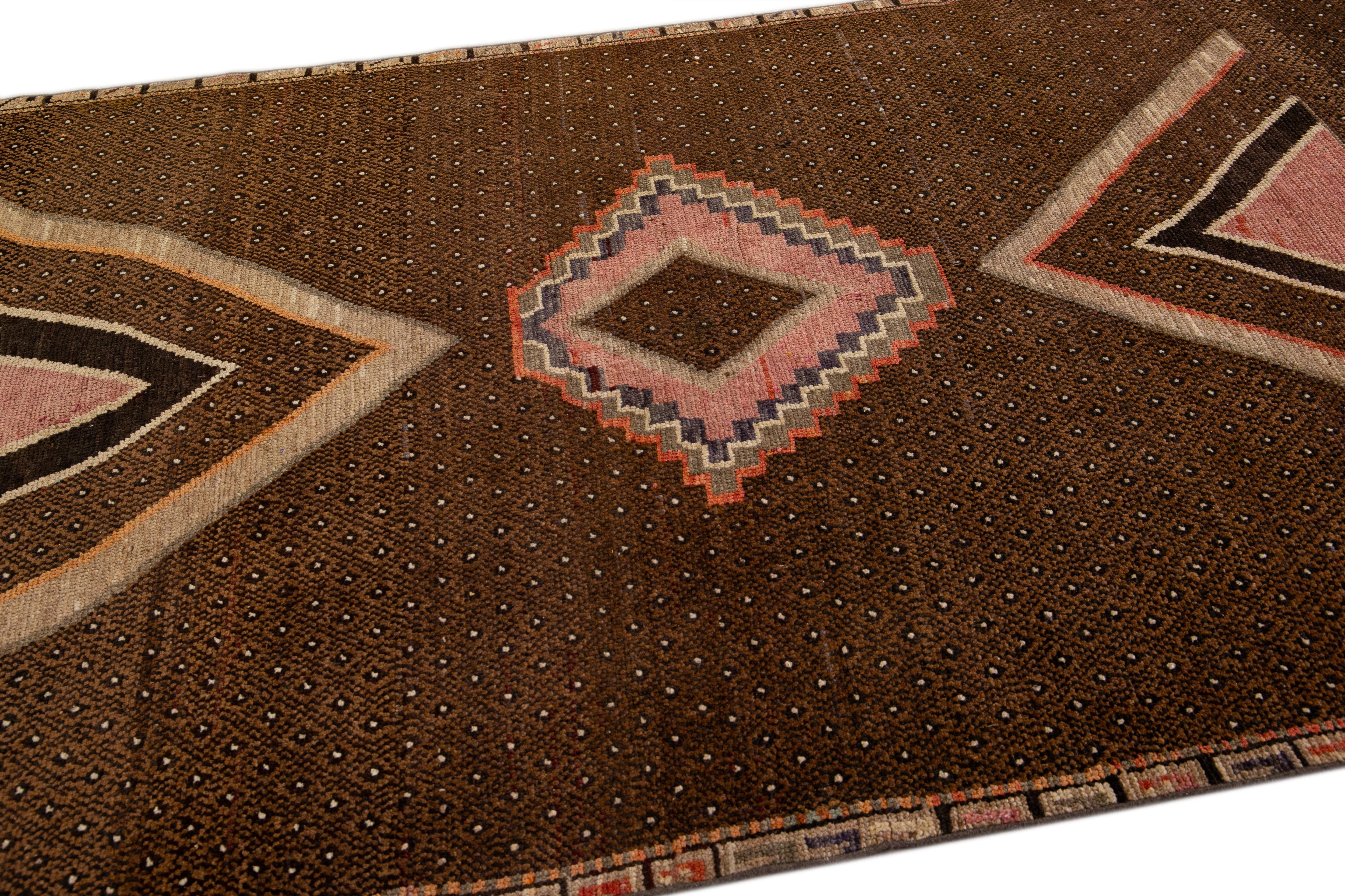 Hand-Knotted Vintage Anatolian Kars Handmade Brown Geometric Wool Rug For Sale