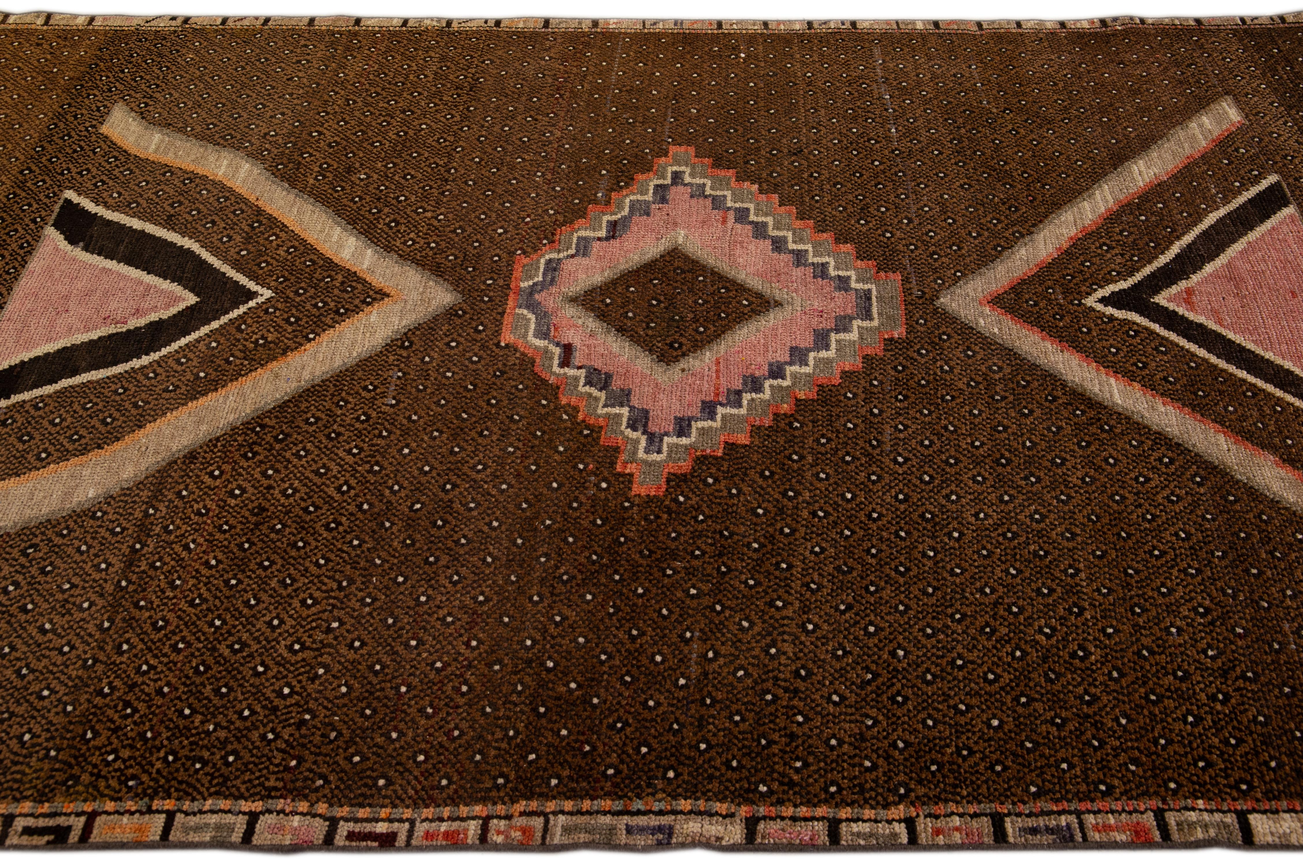 Vintage Anatolian Kars Handmade Brown Geometric Wool Rug In Good Condition For Sale In Norwalk, CT