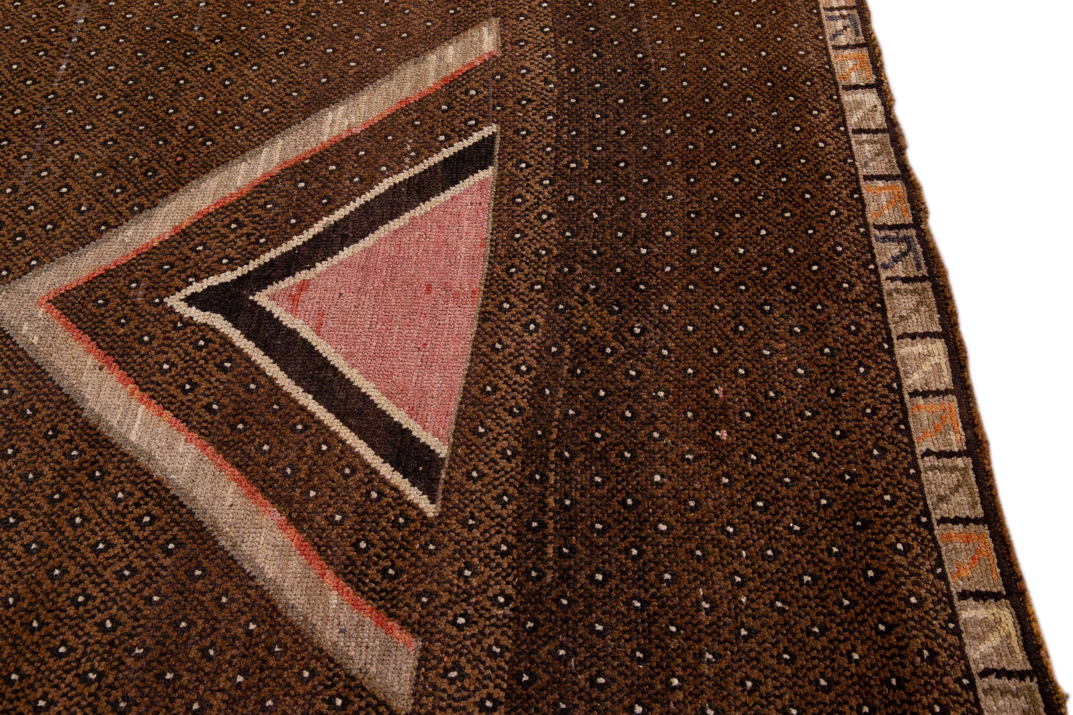 20th Century Vintage Anatolian Kars Handmade Brown Geometric Wool Rug For Sale