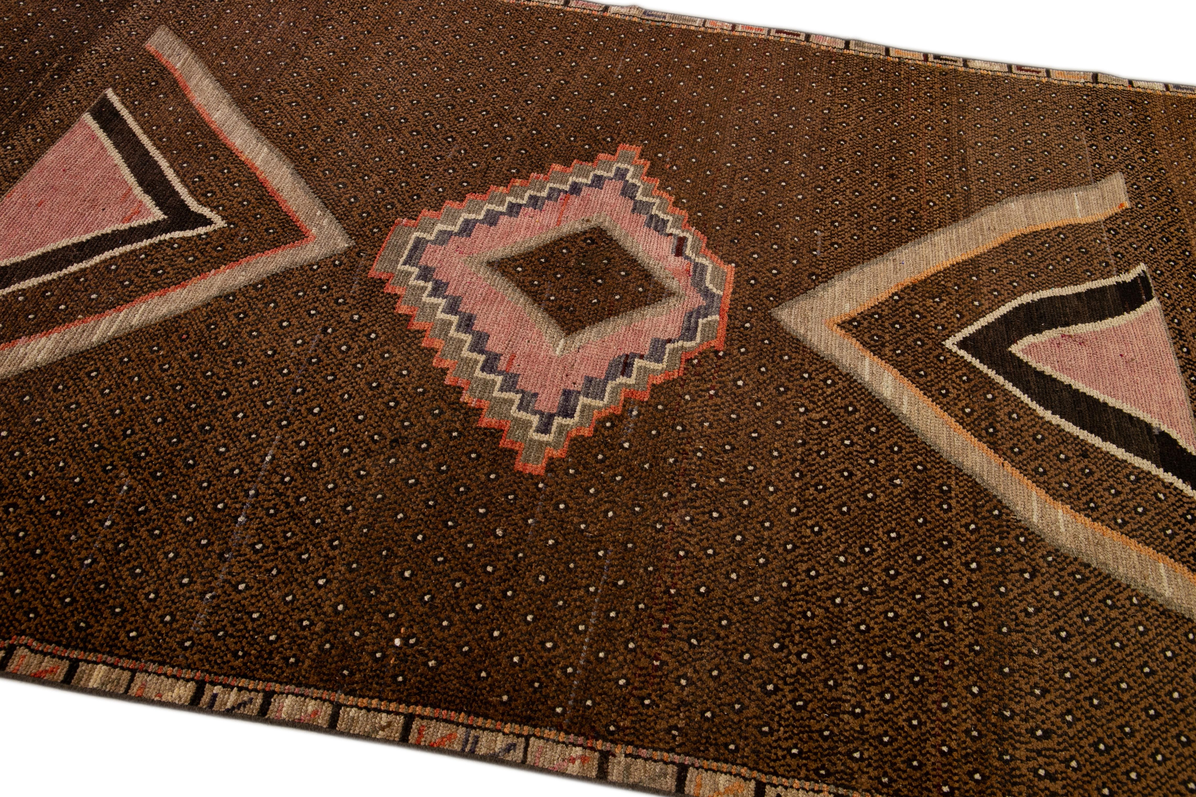 Vintage Anatolian Kars Handmade Brown Geometric Wool Rug For Sale 1