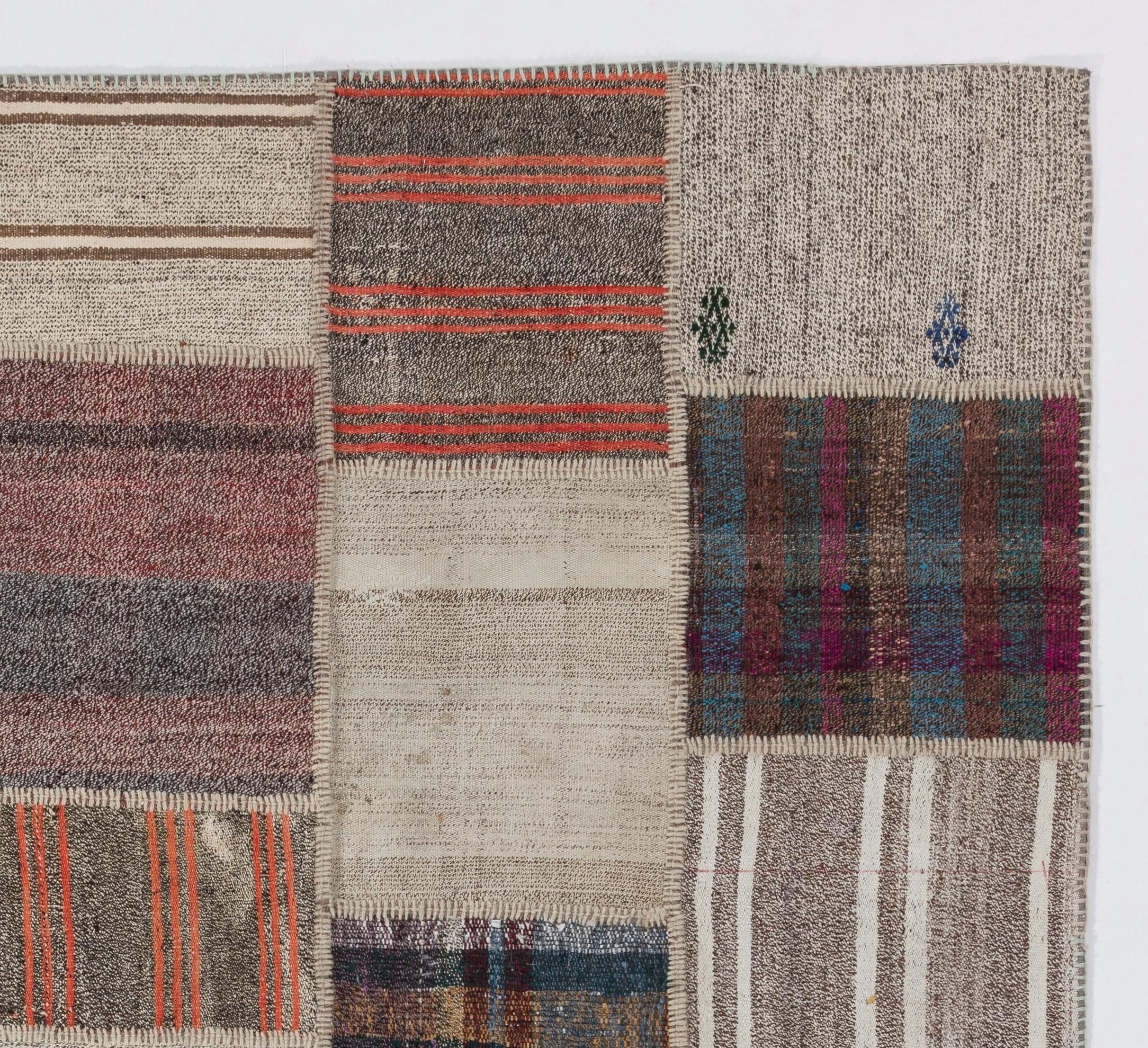 This floor covering is made of pieces of assorted vintage handmade Anatolian kilims.
Made of wool, cotton and goat hair. There is a durable cotton twill sewn on the back as an underlay and for a smooth finishing.
