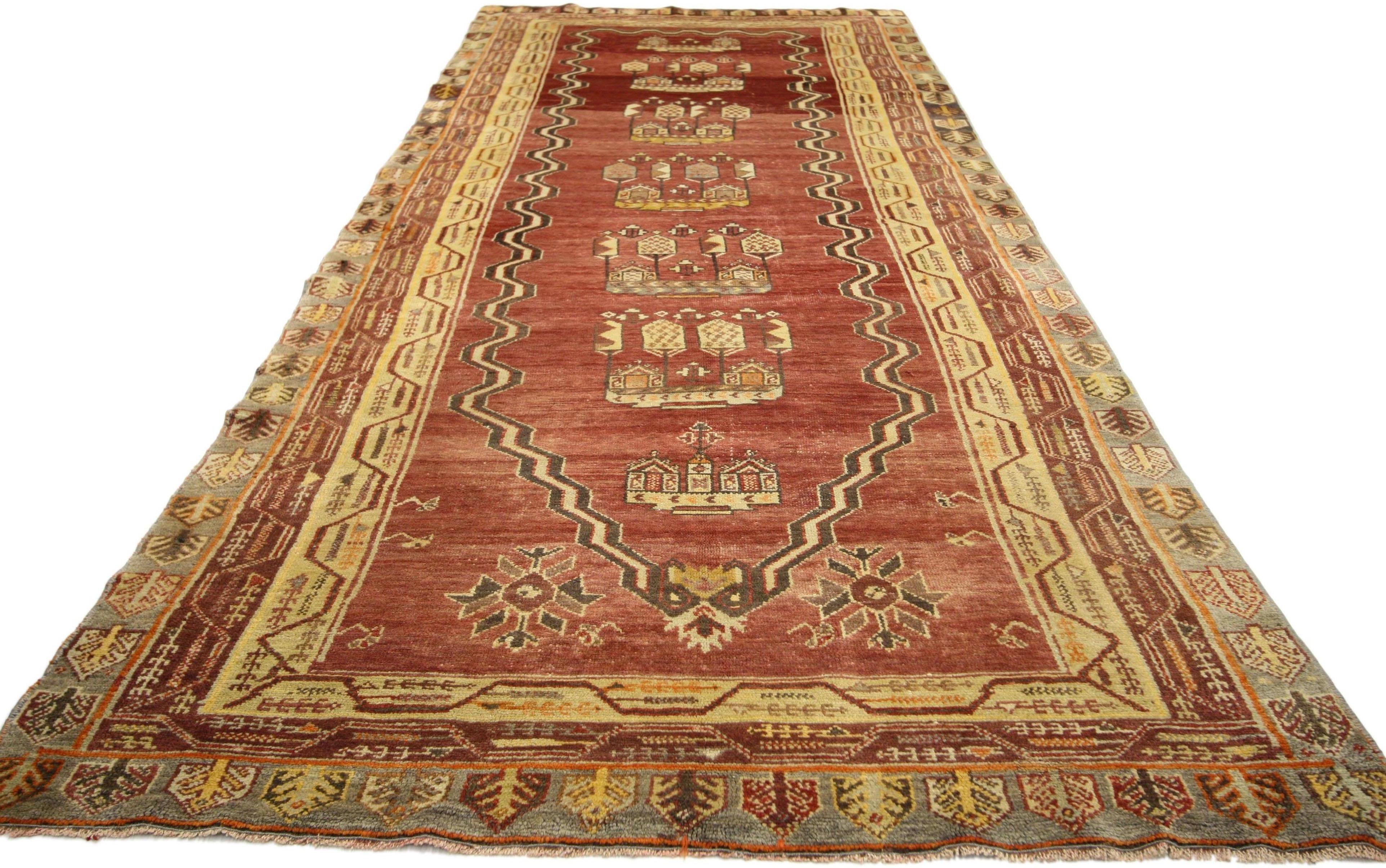 52350 Vintage Anatolian Kirsehir Village Prayer Rug with Graveyard Marker Design, Modern Style Wide Hallway Runner 04'00 x 10'03 From Esmaili Rugs Collection. This hand-knotted wool vintage Turkish Oushak runner features a mihrab, or prayer niche,