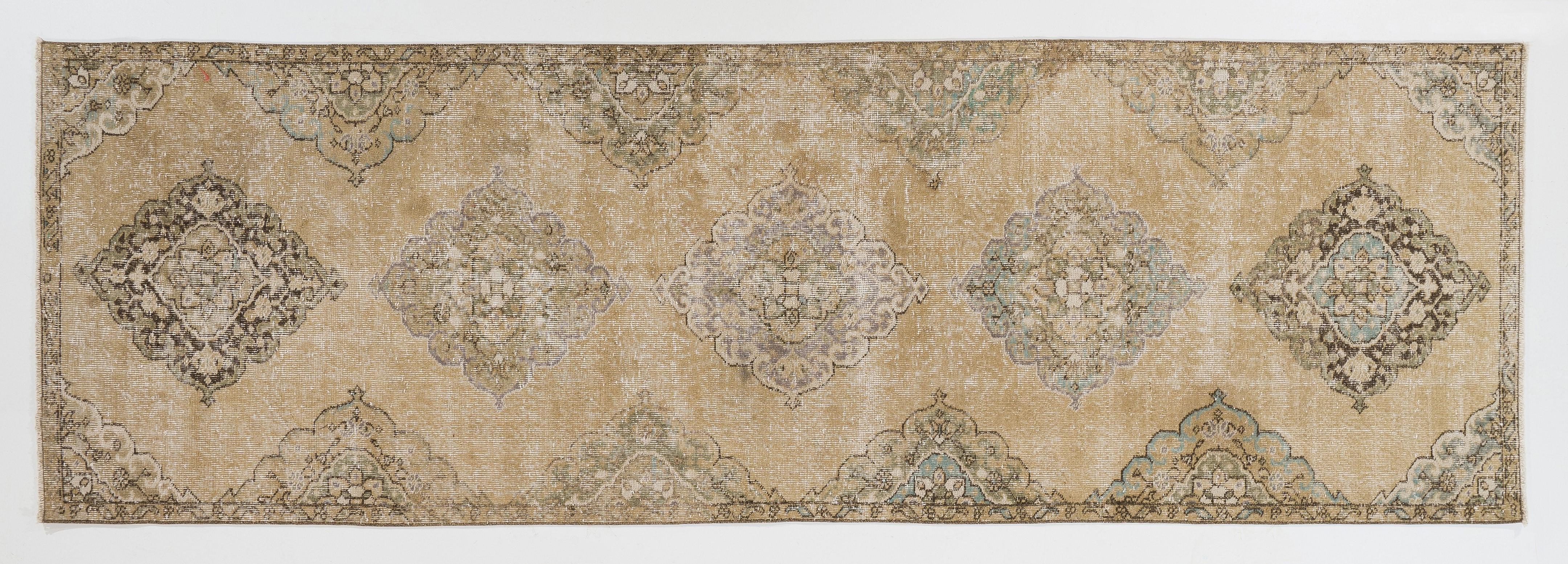 Hand-Knotted 3.5x11.4 Ft  Vintage Anatolian Oushak Runner. Handmade Carpet for Hallway Decor For Sale