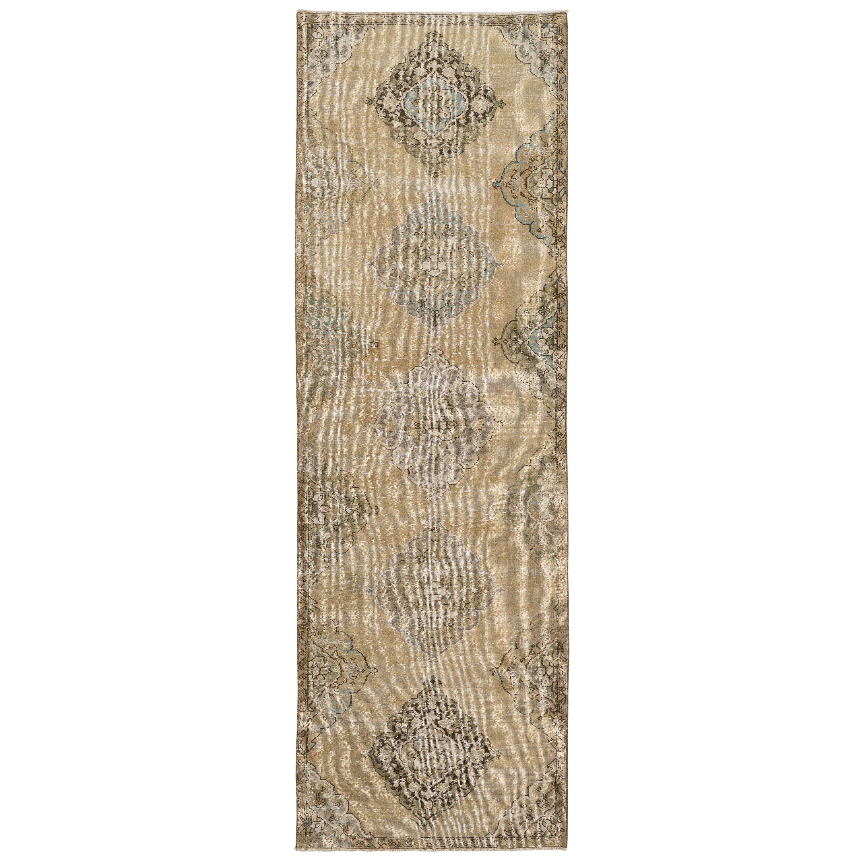 3.5x11.4 Ft  Vintage Anatolian Oushak Runner. Handmade Carpet for Hallway Decor