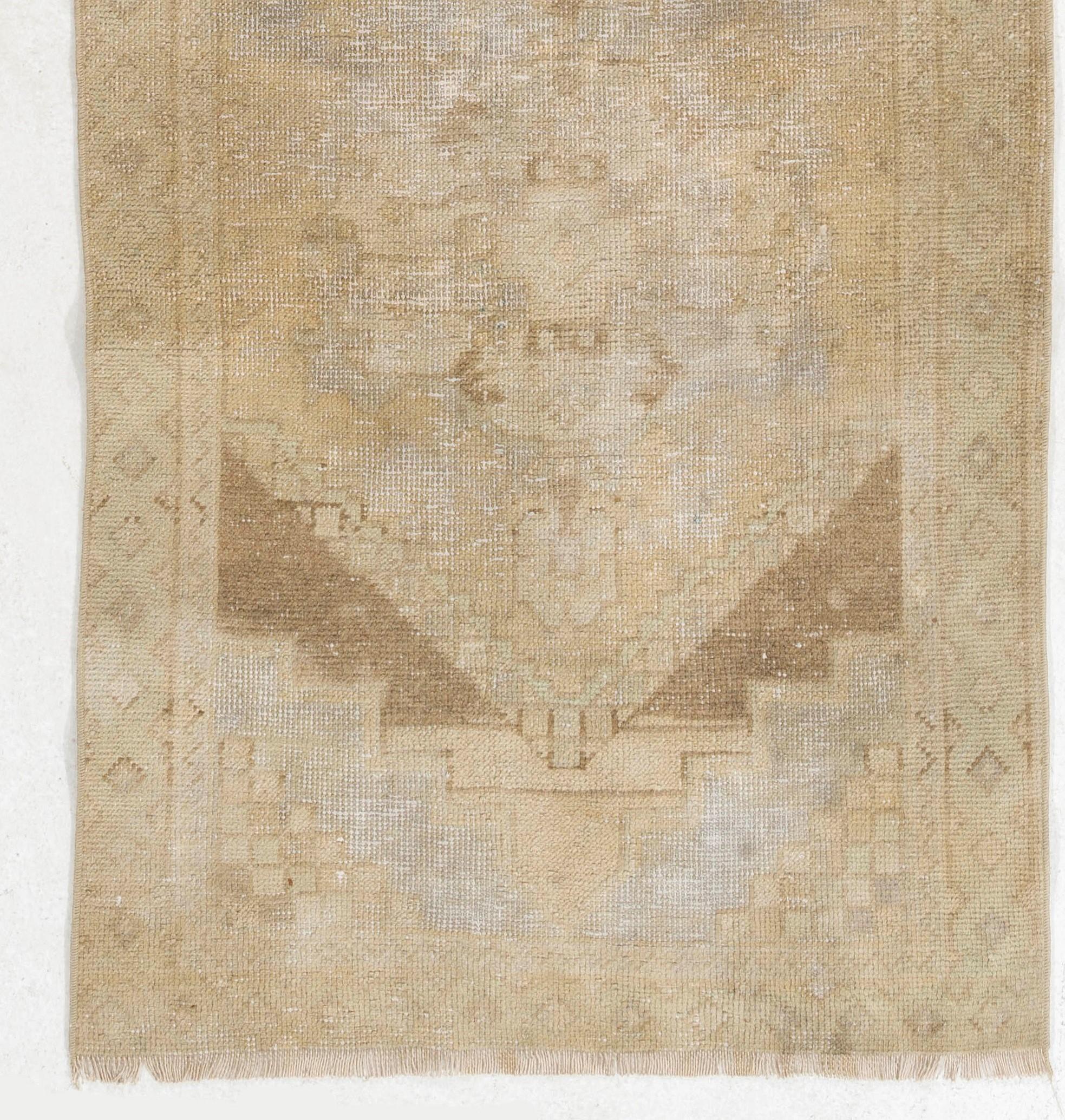 Mid-20th Century 3x8.8 Ft - Antique Turkish Oushak Runner in Neutral Colors. Handknotted Wool Rug