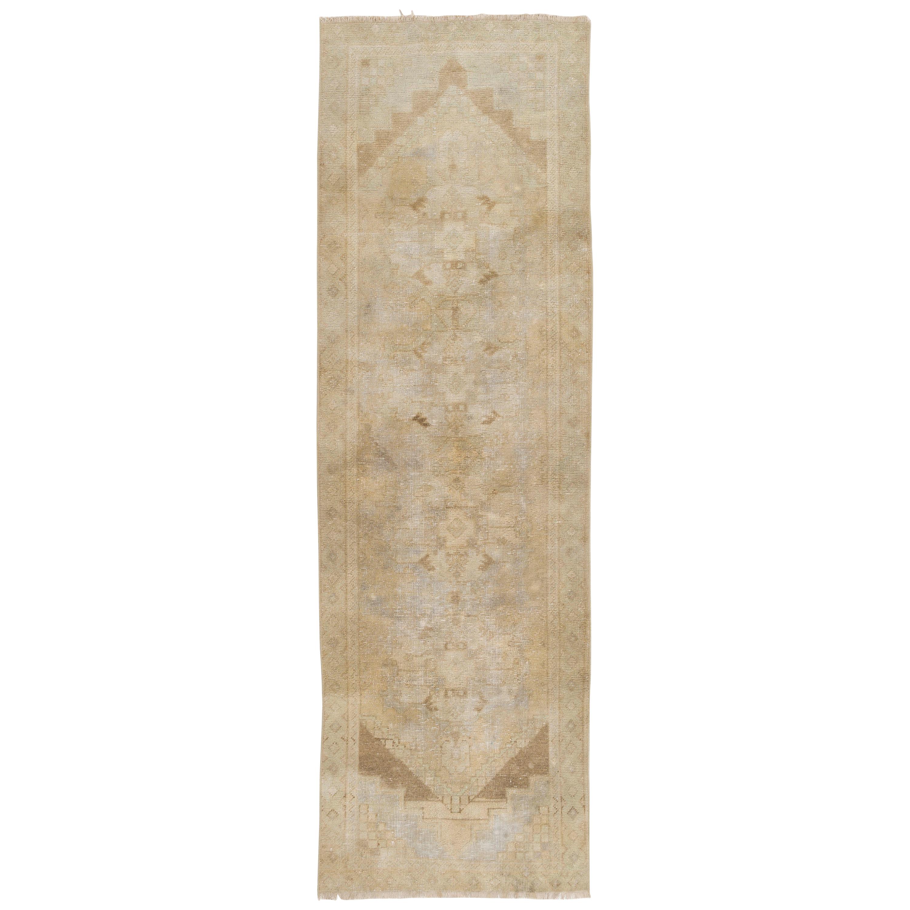 3x8.8 Ft - Antique Turkish Oushak Runner in Neutral Colors. Handknotted Wool Rug