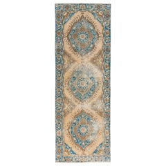 فرش سیرنگ مشهد طرح دلنواز 4.5x12.7 Ft Vintage Handmade Oushak Wool Runner Rug in Gold Sand and Blue