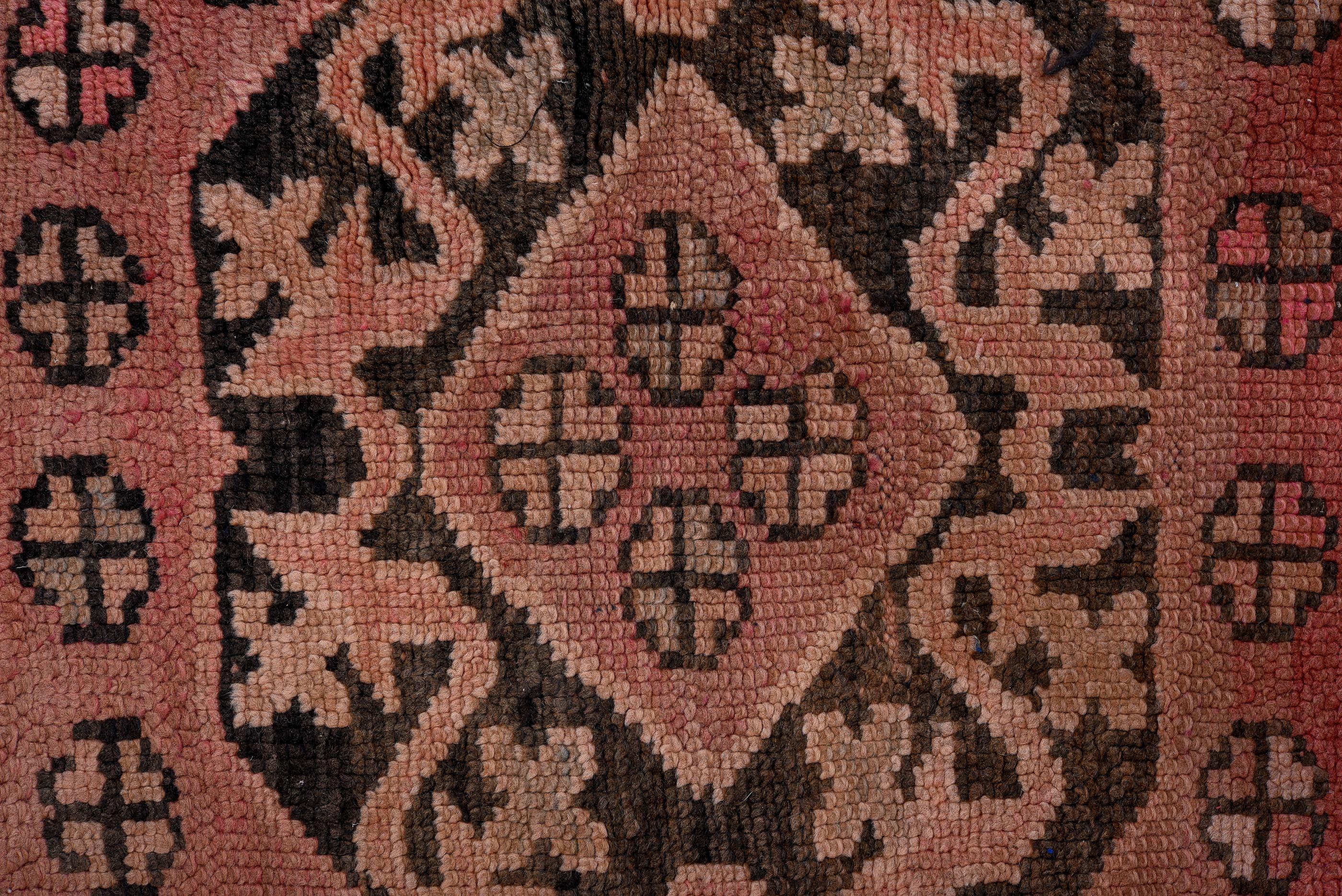 Wool Vintage Anatolian Rug Karapinar Medallion Pattern in Faded Rose and Charcoal For Sale