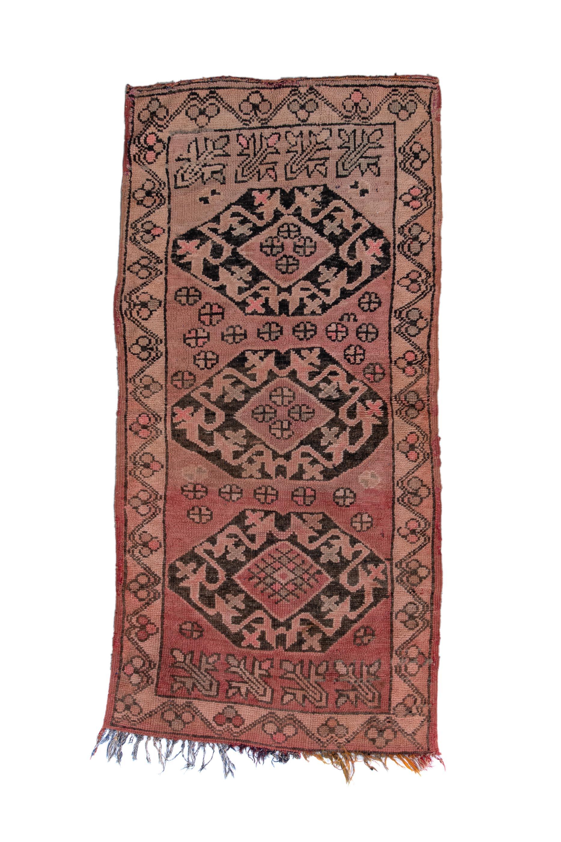 Vintage Anatolian Rug Karapinar Medallion Pattern in Faded Rose and Charcoal For Sale