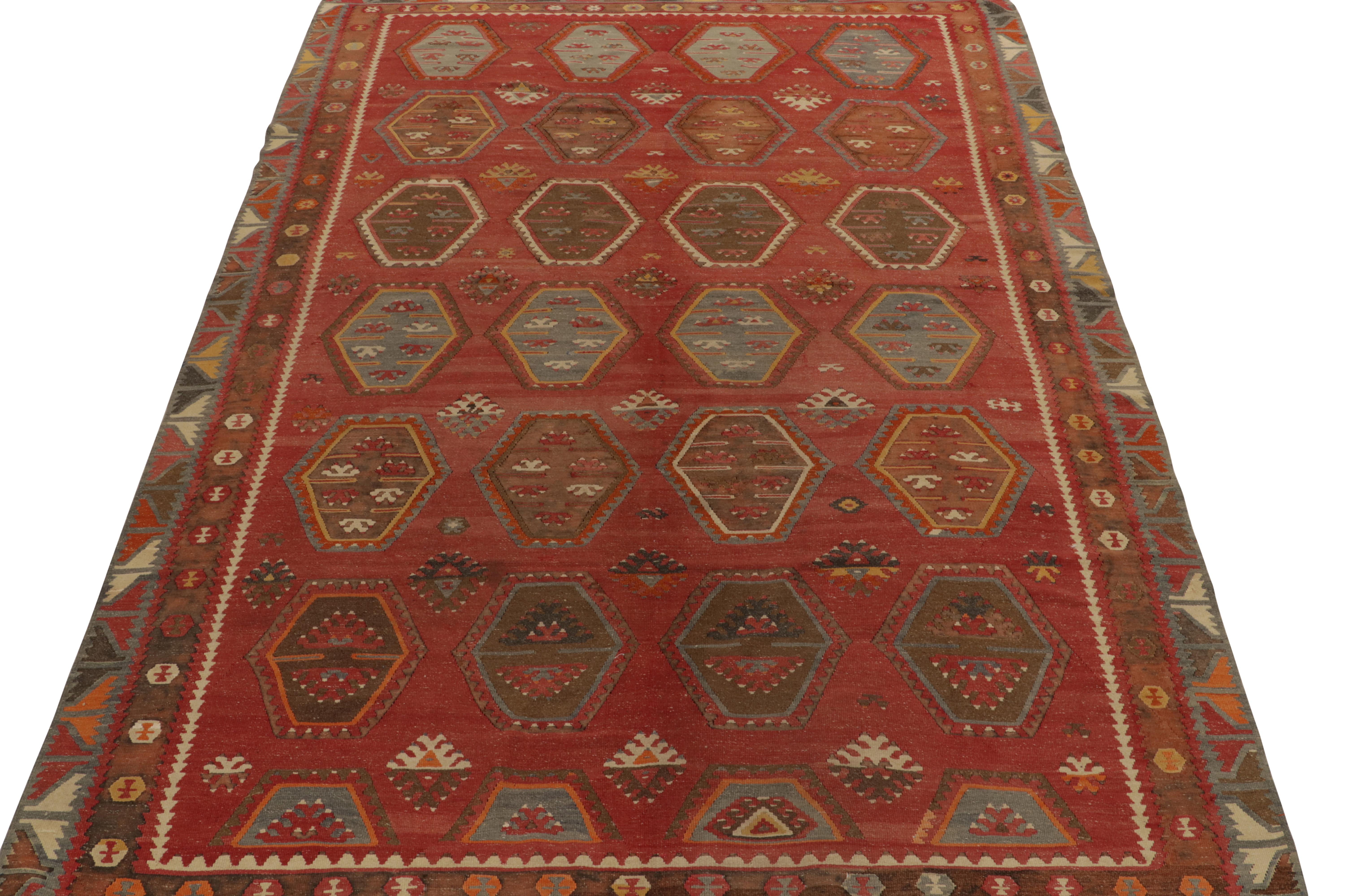 Hand-Woven Vintage Turkish Kilim rug in Red & Brown Tribal Geometric Pattern by Rug & Kilim For Sale