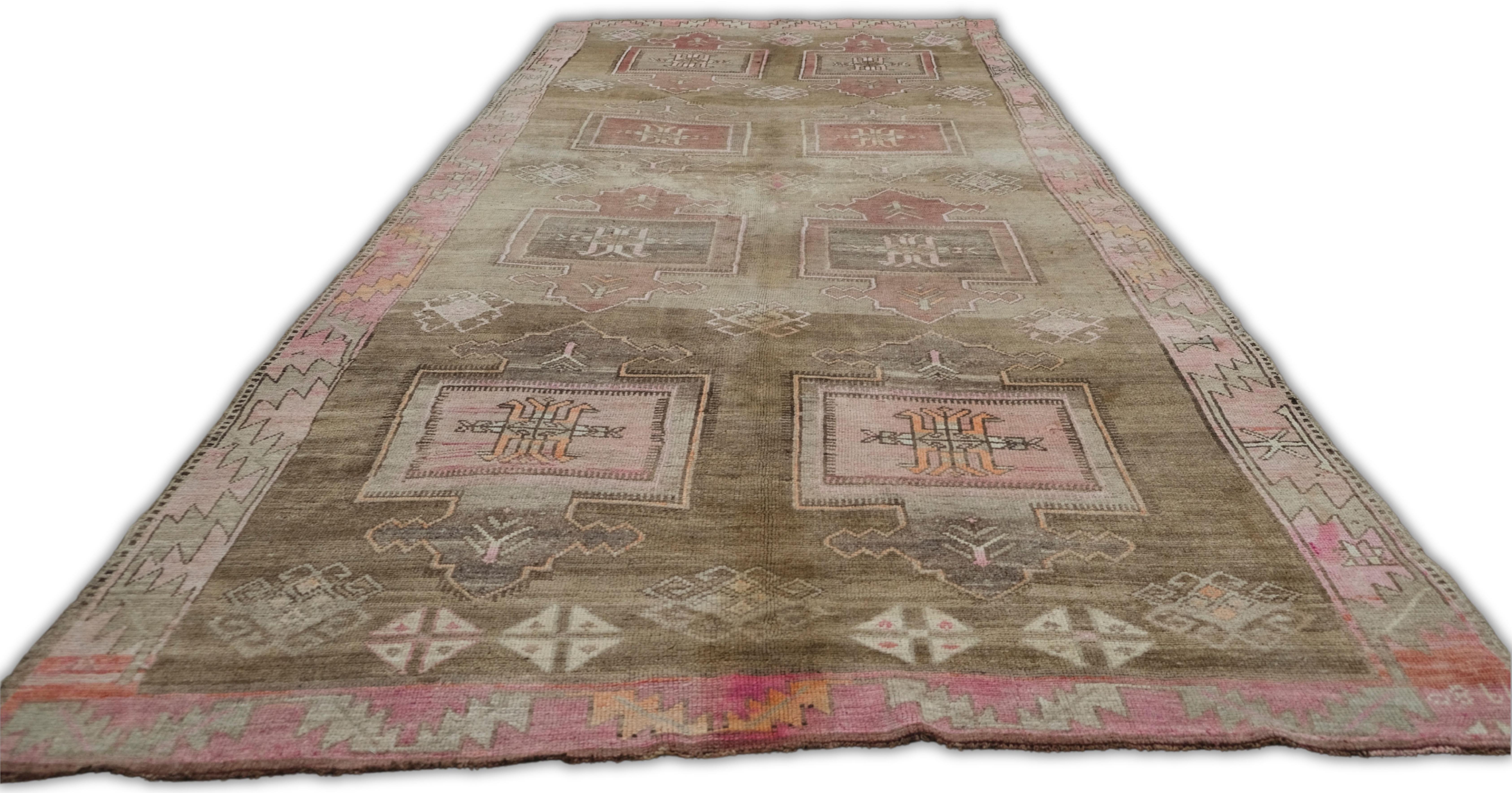 Vintage Anatolian Tan and Pink Wool Rug 7'x15' For Sale 3