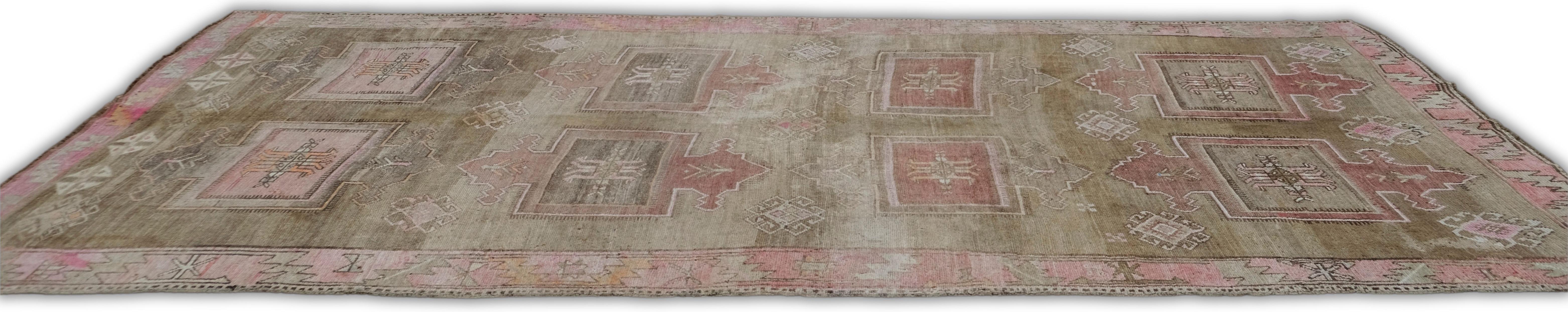 Bohemian Vintage Anatolian Tan and Pink Wool Rug 7'x15' For Sale