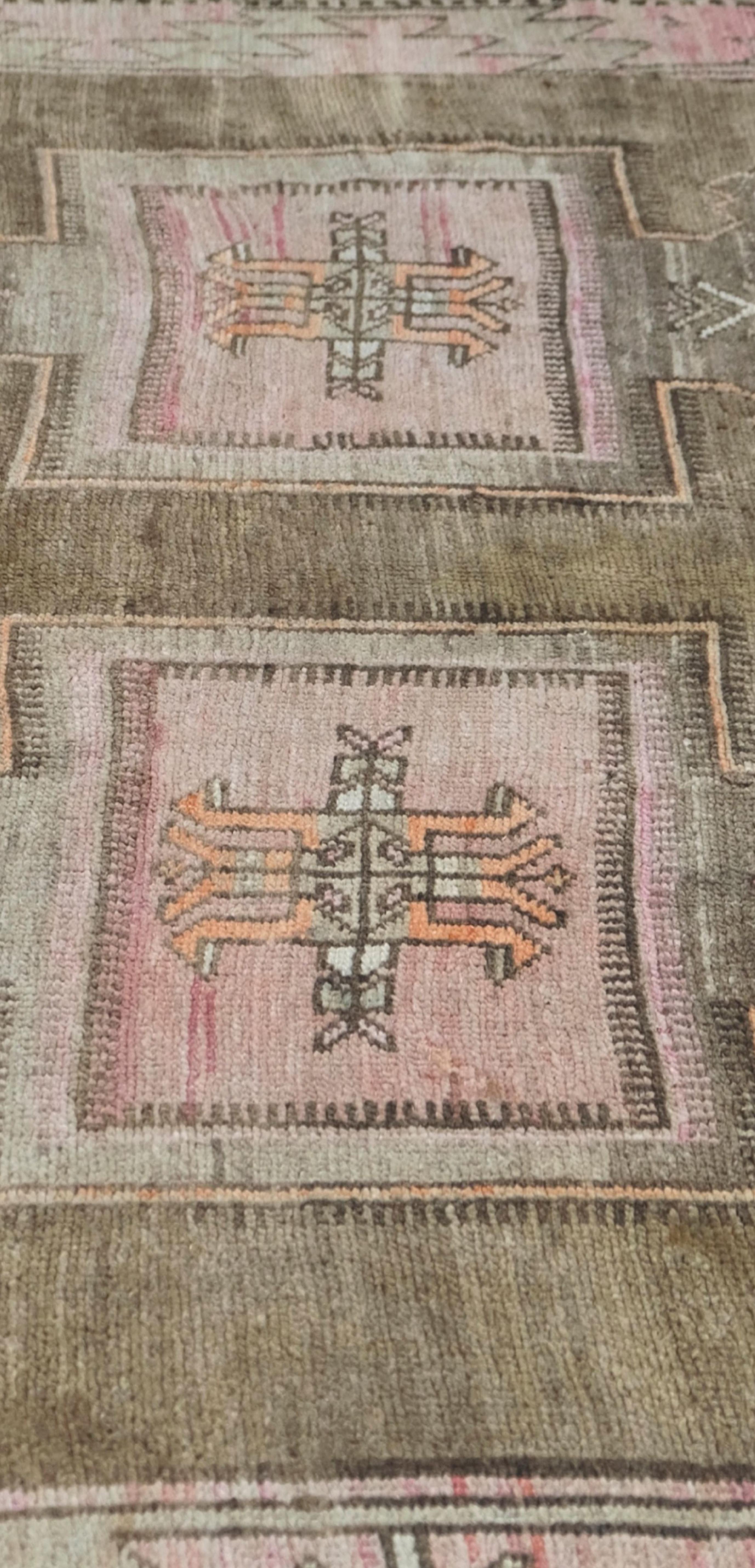 Turkish Vintage Anatolian Tan and Pink Wool Rug 7'x15' For Sale