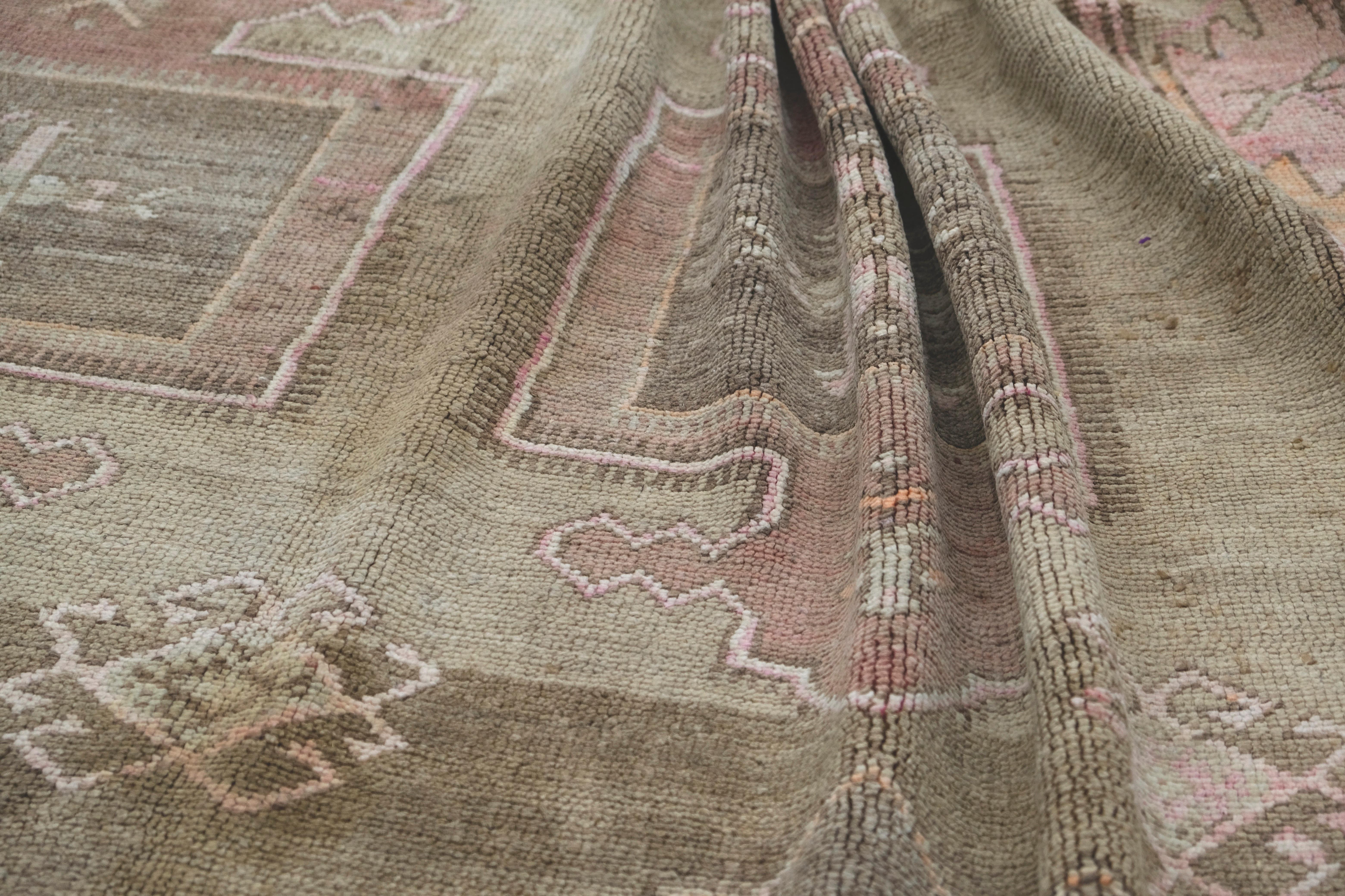 20th Century Vintage Anatolian Tan and Pink Wool Rug 7'x15' For Sale