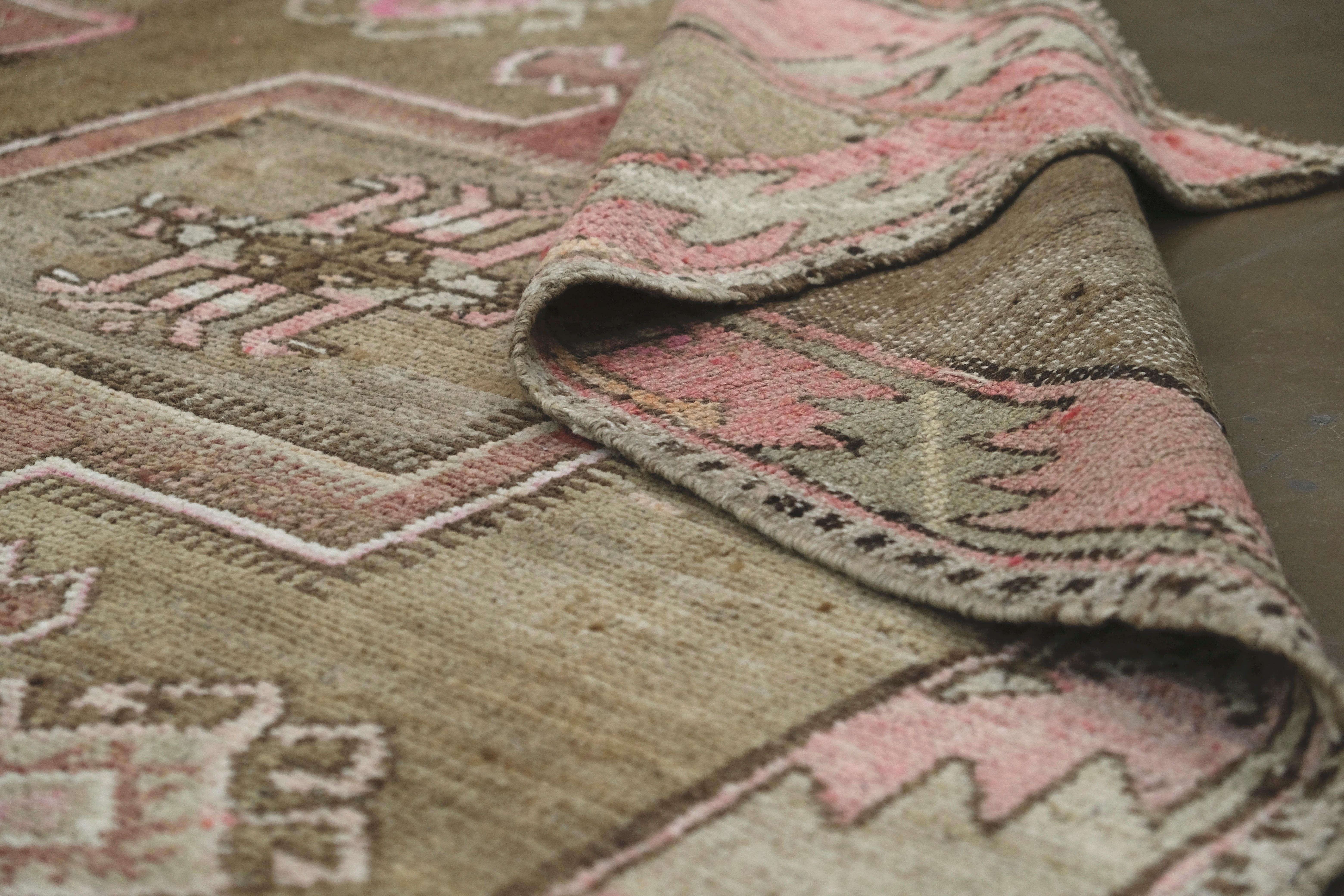 Vintage Anatolian Tan and Pink Wool Rug 7'x15' For Sale 1
