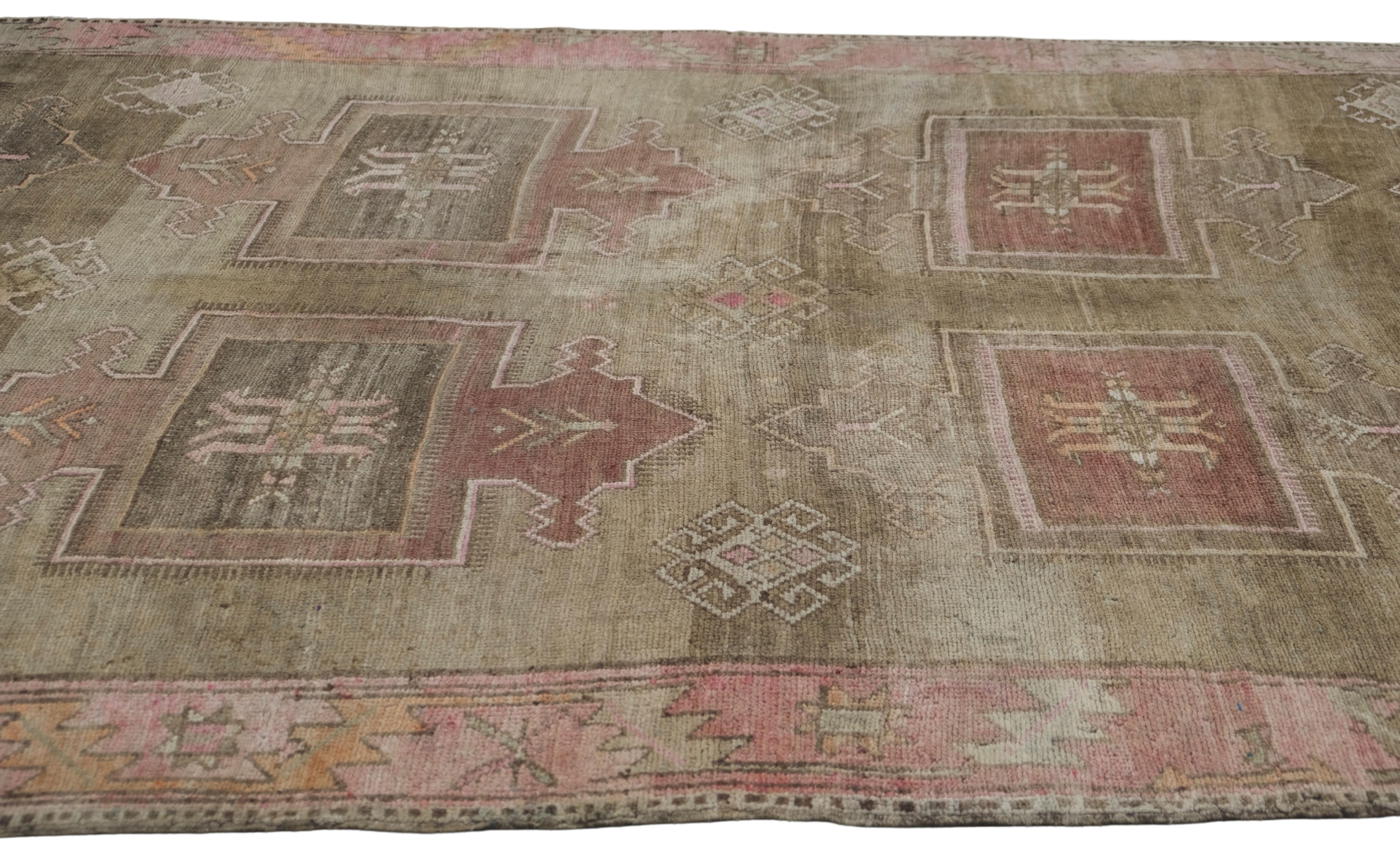 Vintage Anatolian Tan and Pink Wool Rug 7'x15' For Sale 2