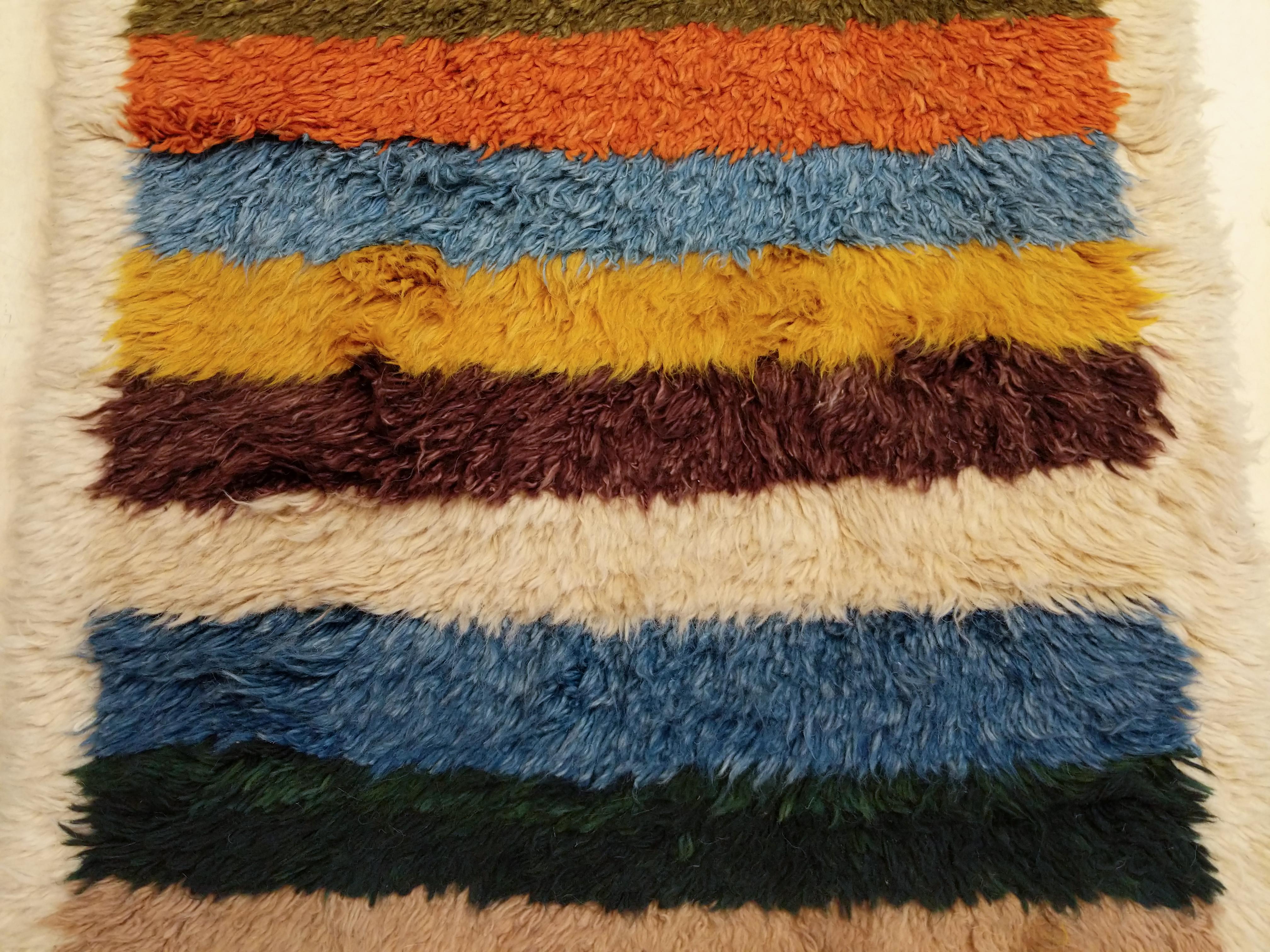 Hand-Knotted Vintage Anatolian Tulu Narrow Runner Rug with Polychrome Stripes For Sale