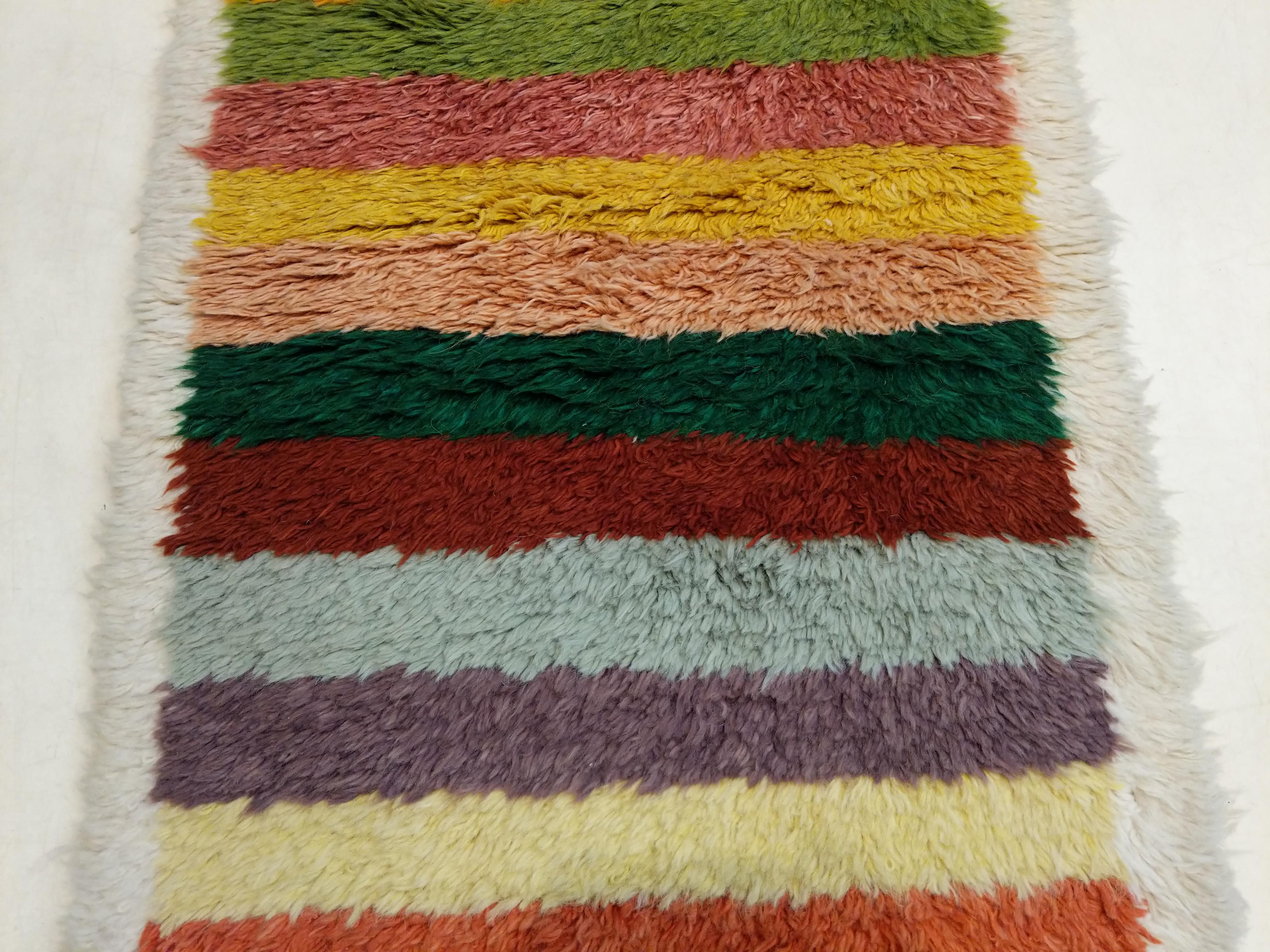 Late 20th Century Vintage Anatolian Tulu Narrow Runner Rug with Polychrome Stripes For Sale