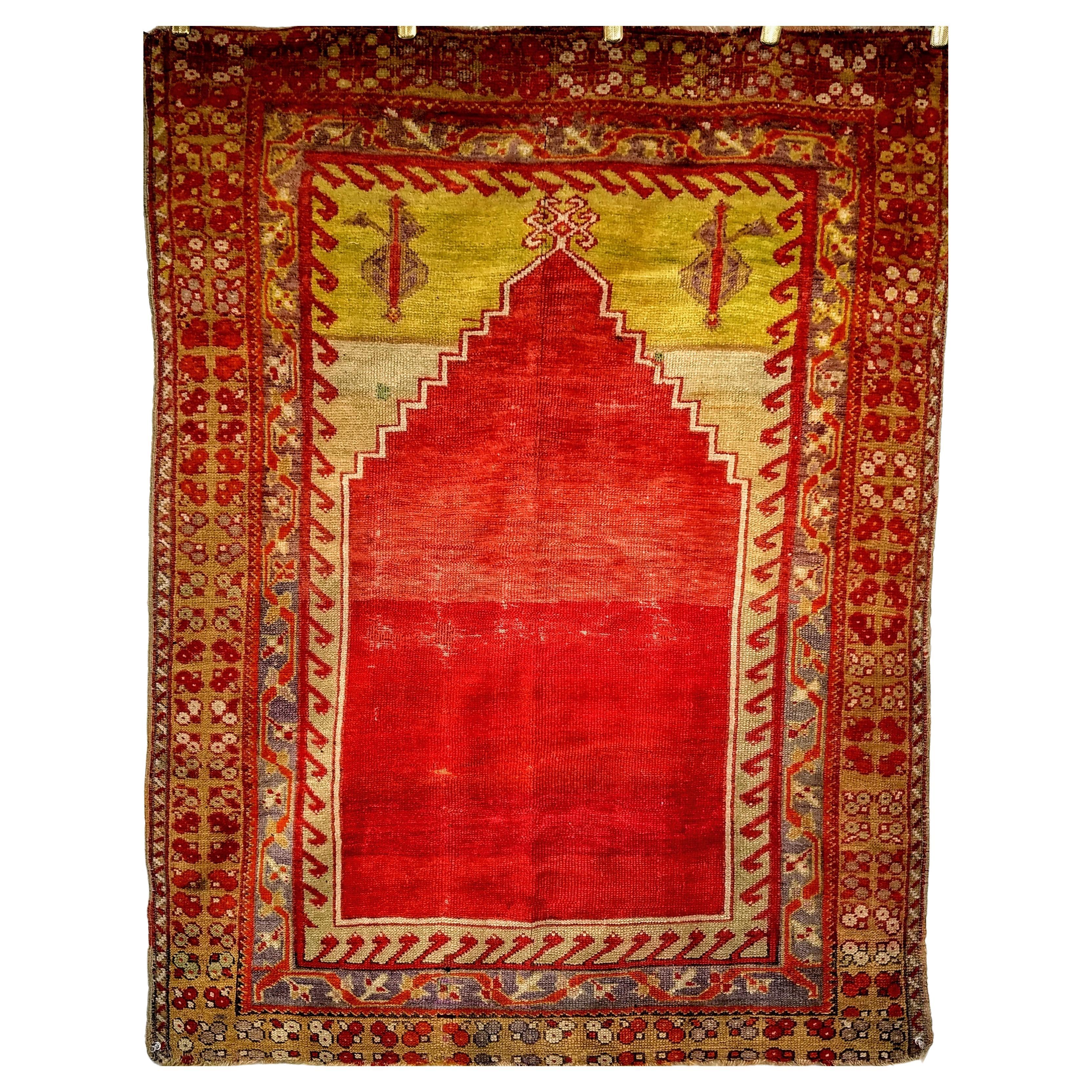 Vintage Anatolian Turkish Area Rug in Prayer Pattern in Rot, Chartreuse