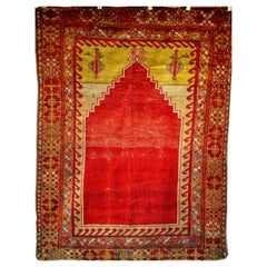 Vintage Anatolian Turkish Area Rug in Prayer Pattern in Rot, Chartreuse