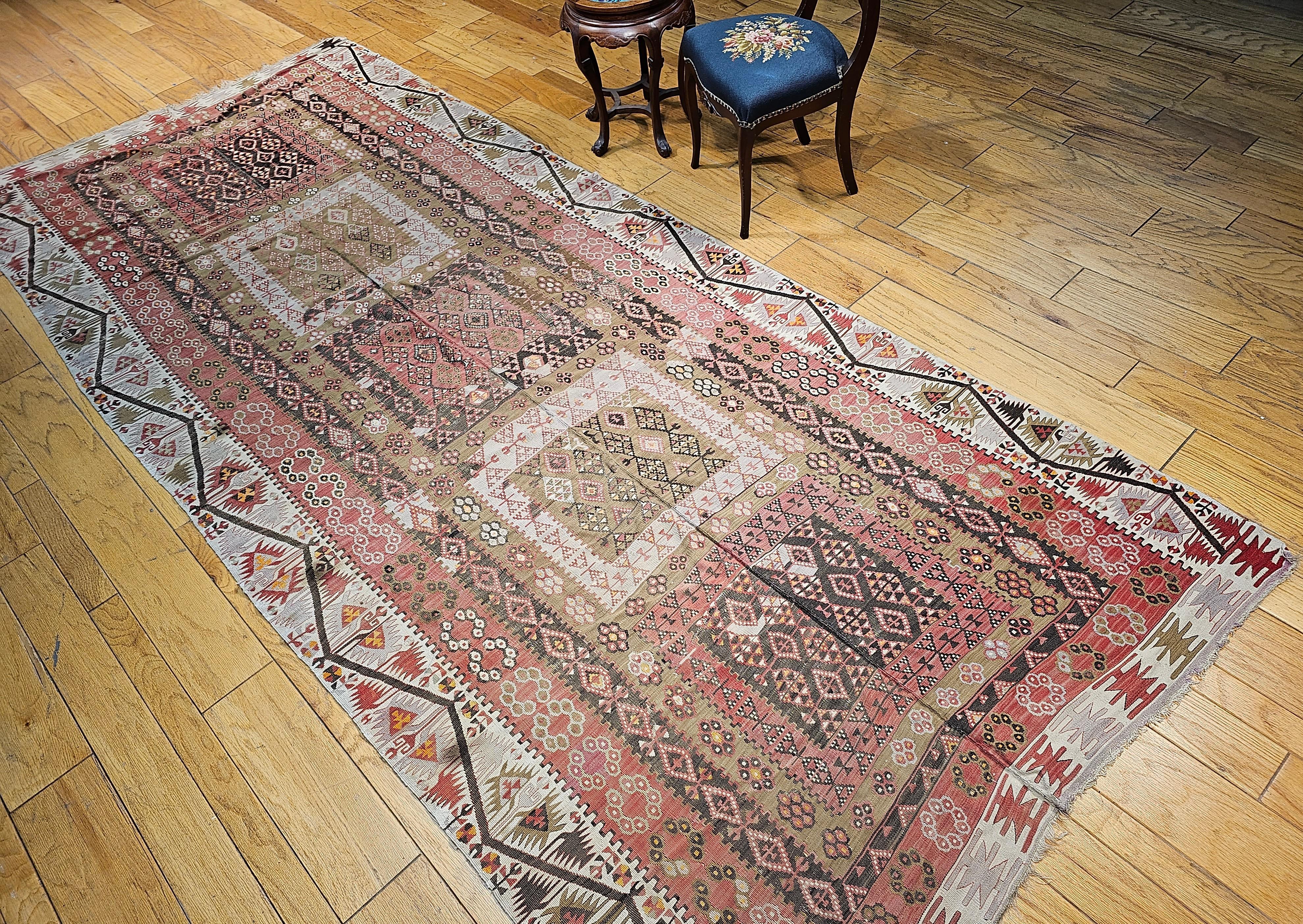 Vintage Anatolian Turkish Wide Runner Kilim in Brick Red, Ivory, Pale Green For Sale 4