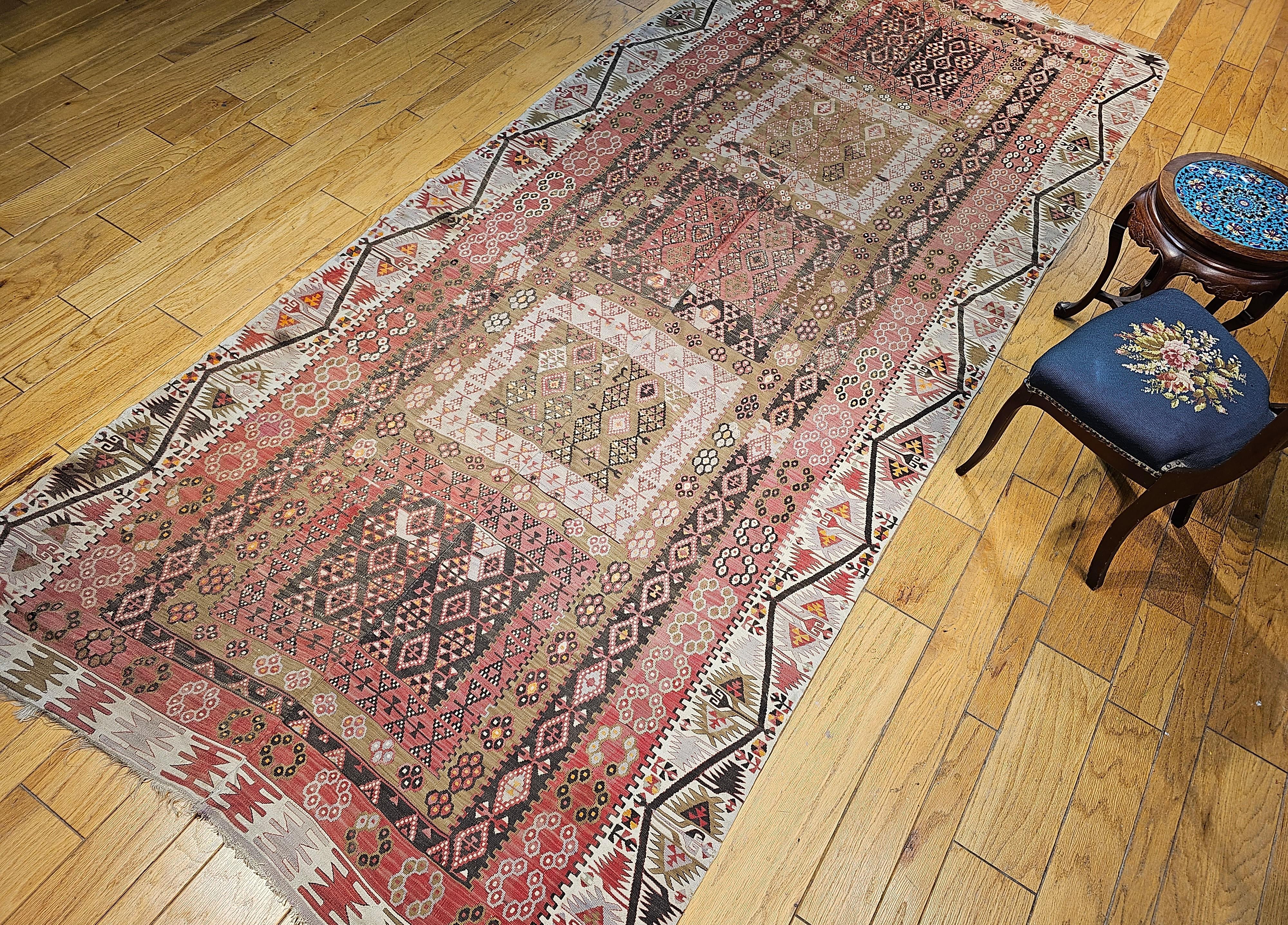 Vintage Anatolian Turkish Wide Runner Kilim in Brick Red, Ivory, Pale Green For Sale 5