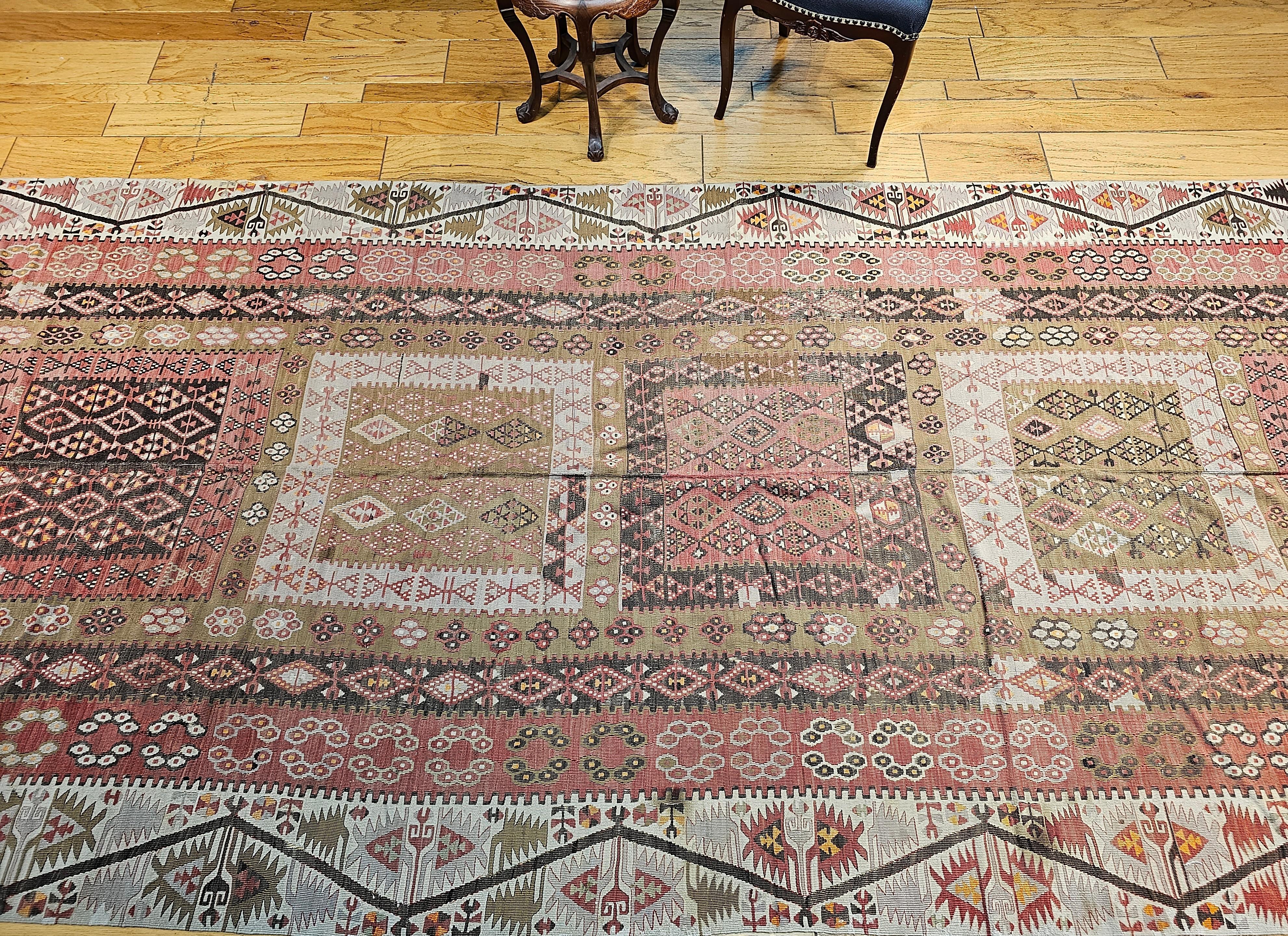 Vintage Anatolian Turkish Wide Runner Kilim in Brick Red, Ivory, Pale Green For Sale 6