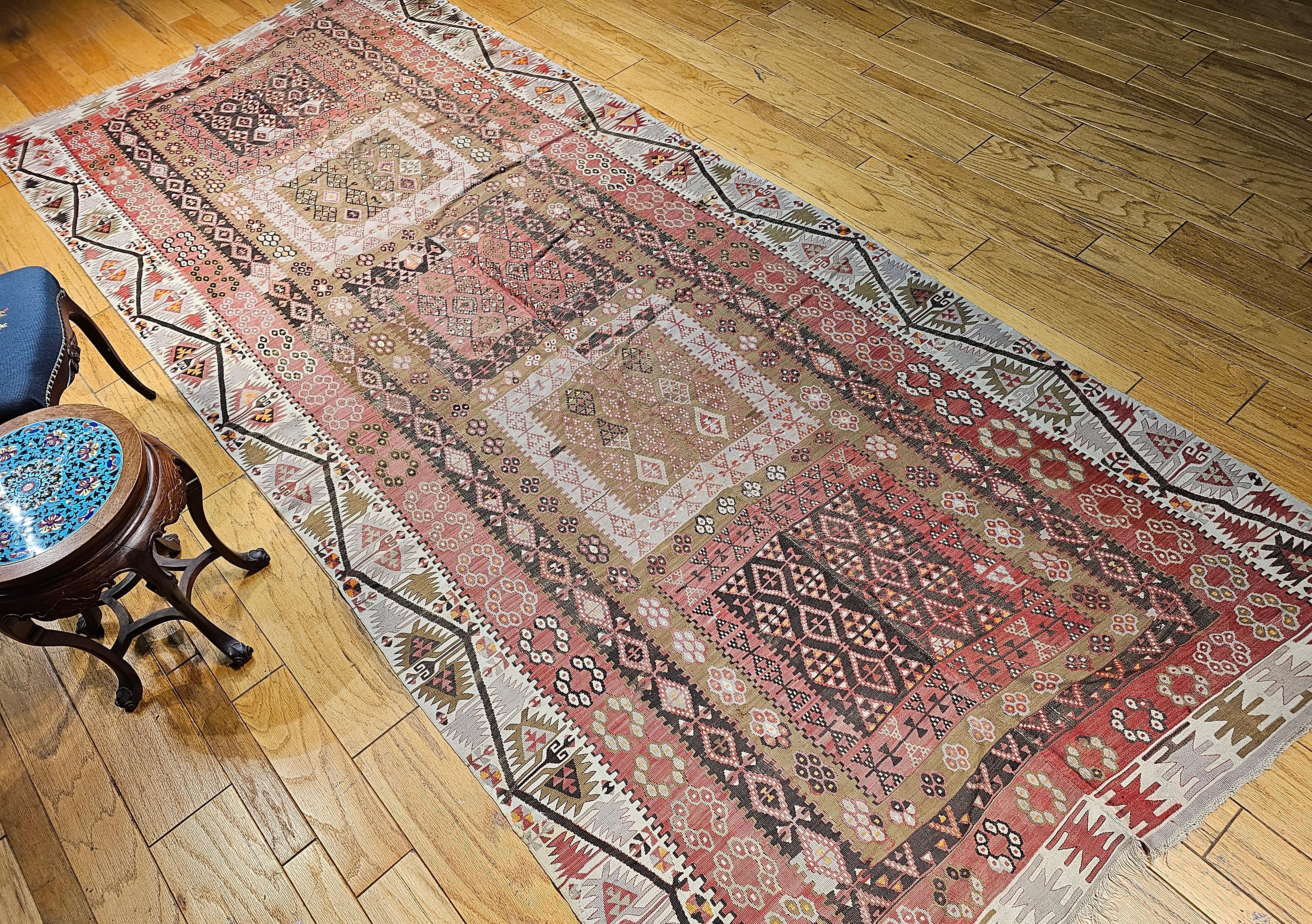 Vintage Anatolian Turkish Wide Runner Kilim in Brick Red, Ivory, Pale Green For Sale 7