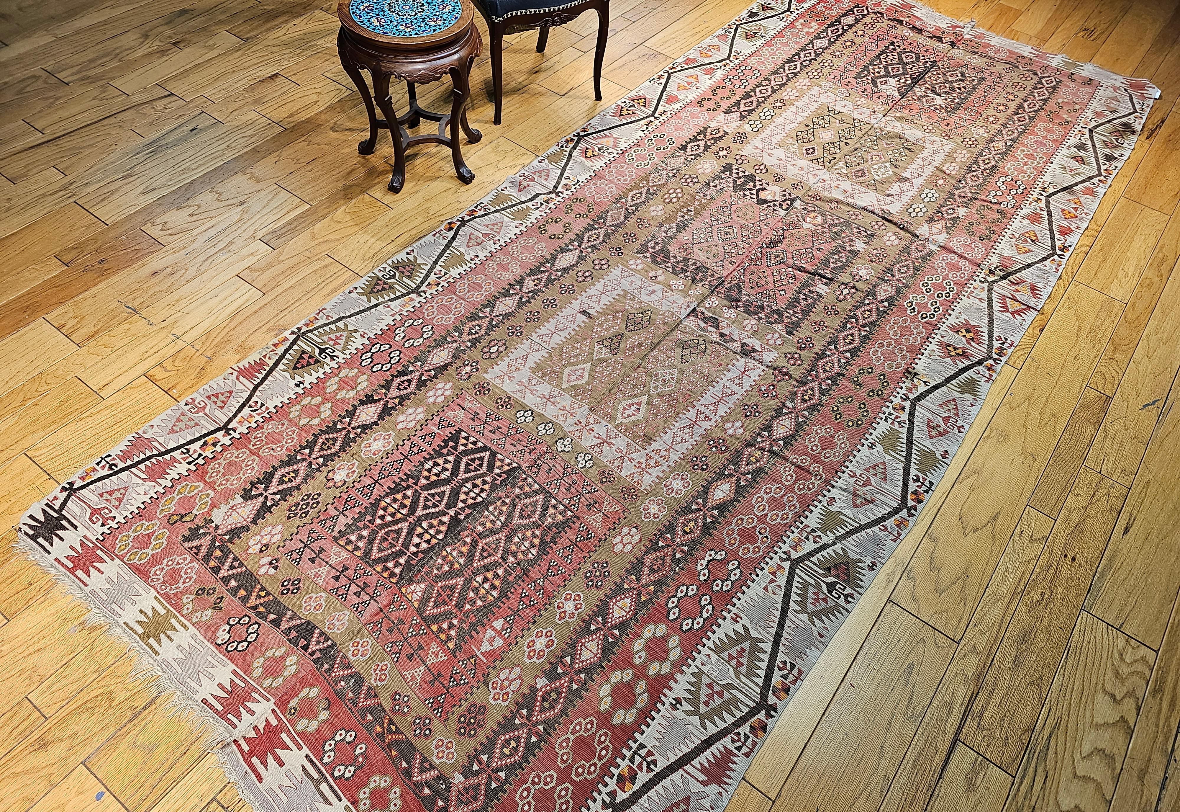 Vintage Anatolian Turkish Wide Runner Kilim in Brick Red, Ivory, Pale Green For Sale 8