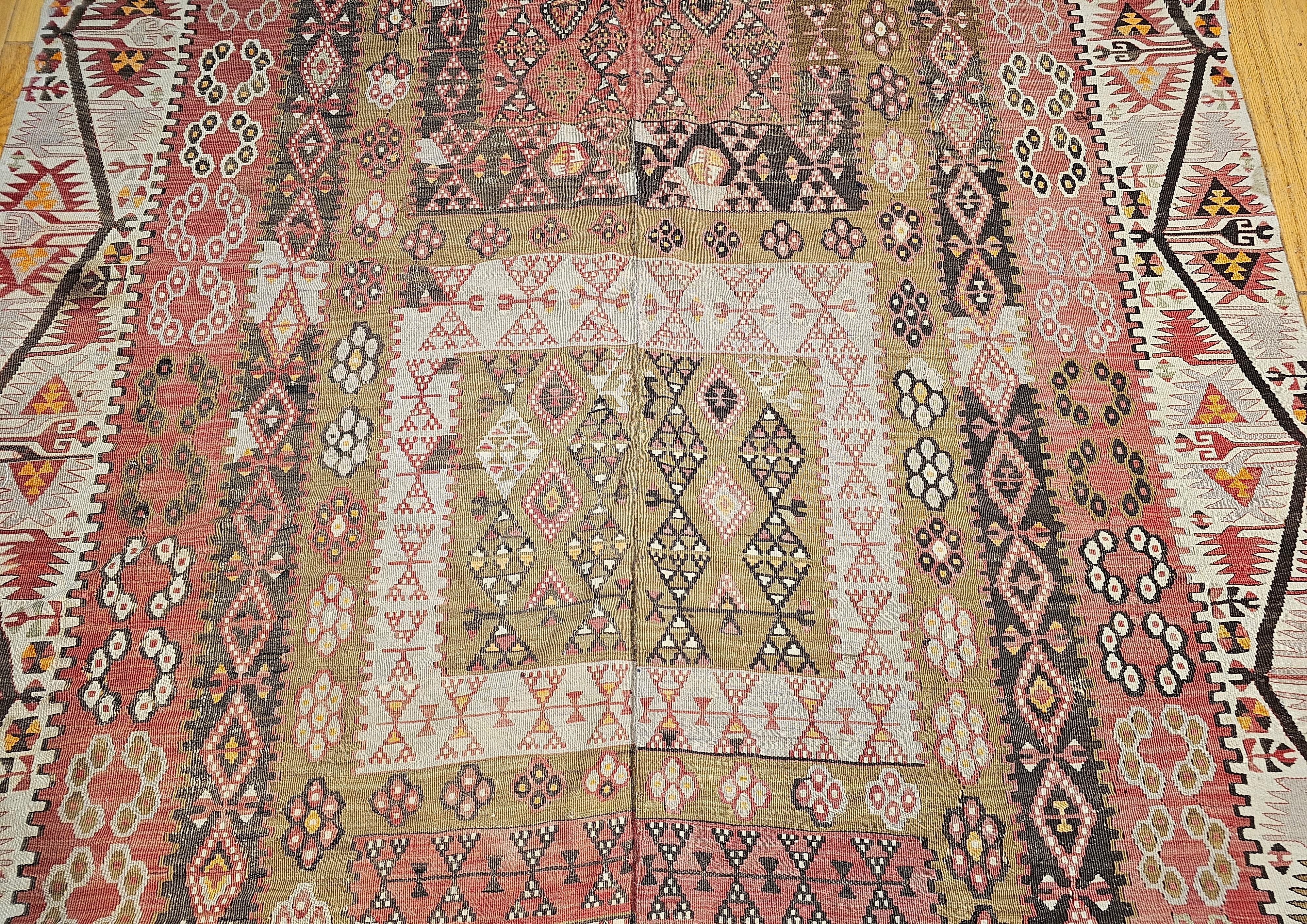 Vintage Anatolian Turkish Wide Runner Kilim in Brick Red, Ivory, Pale Green In Good Condition For Sale In Barrington, IL