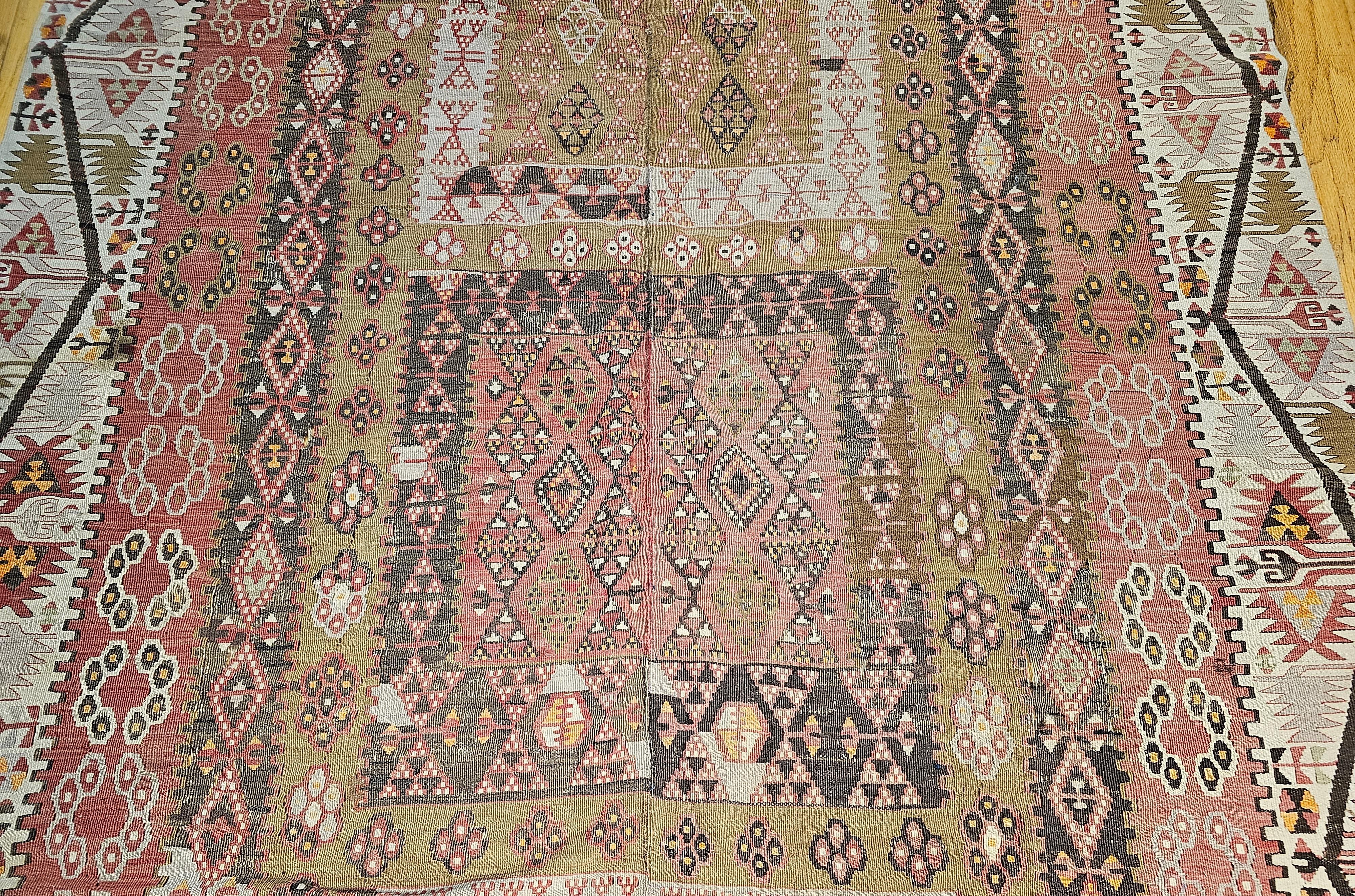 20th Century Vintage Anatolian Turkish Wide Runner Kilim in Brick Red, Ivory, Pale Green For Sale