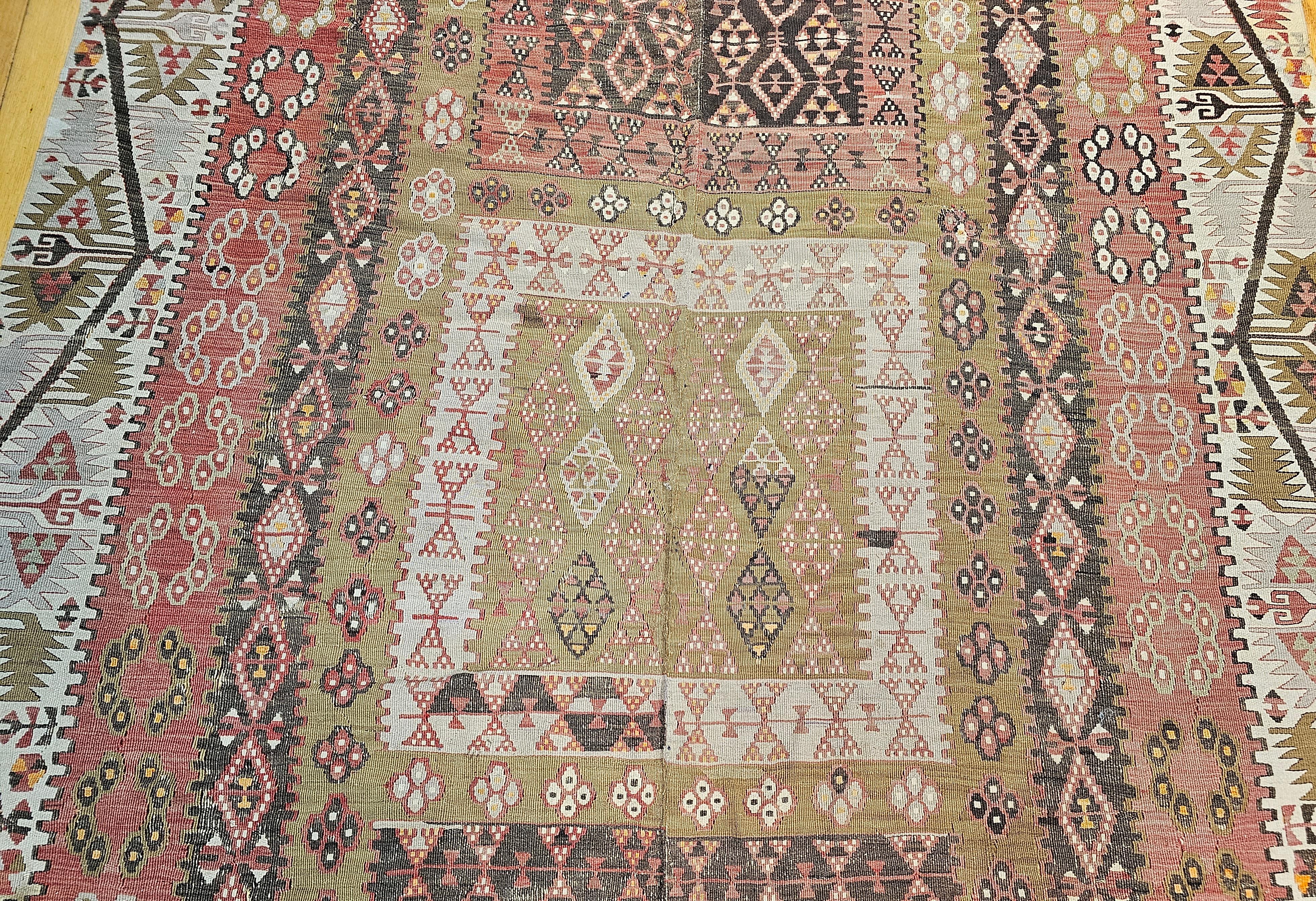 Wool Vintage Anatolian Turkish Wide Runner Kilim in Brick Red, Ivory, Pale Green For Sale