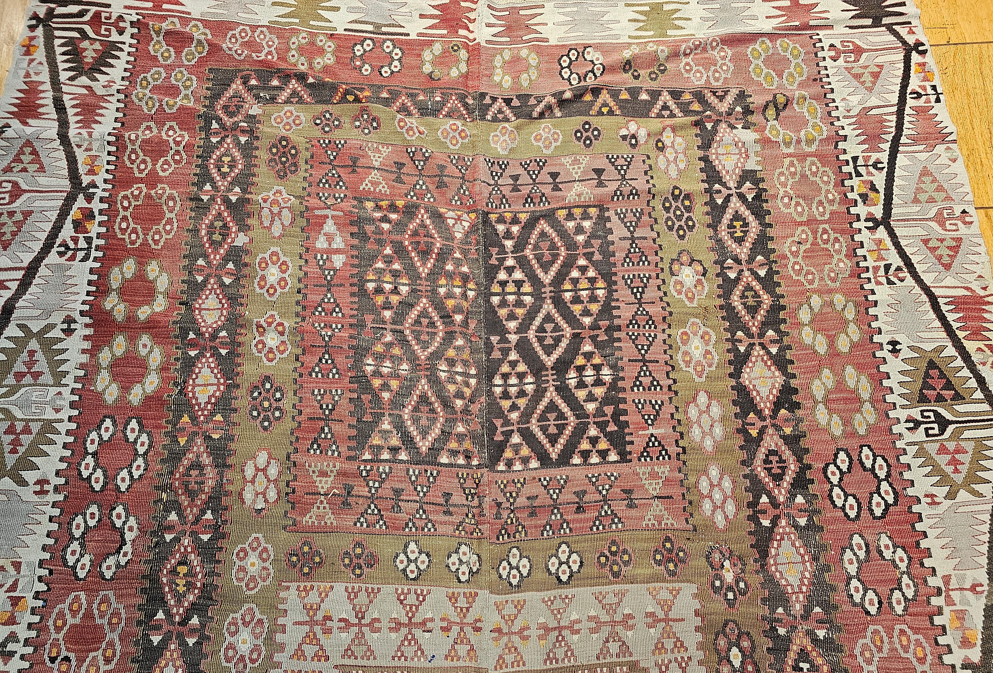 Vintage Anatolian Turkish Wide Runner Kilim in Brick Red, Ivory, Pale Green For Sale 1