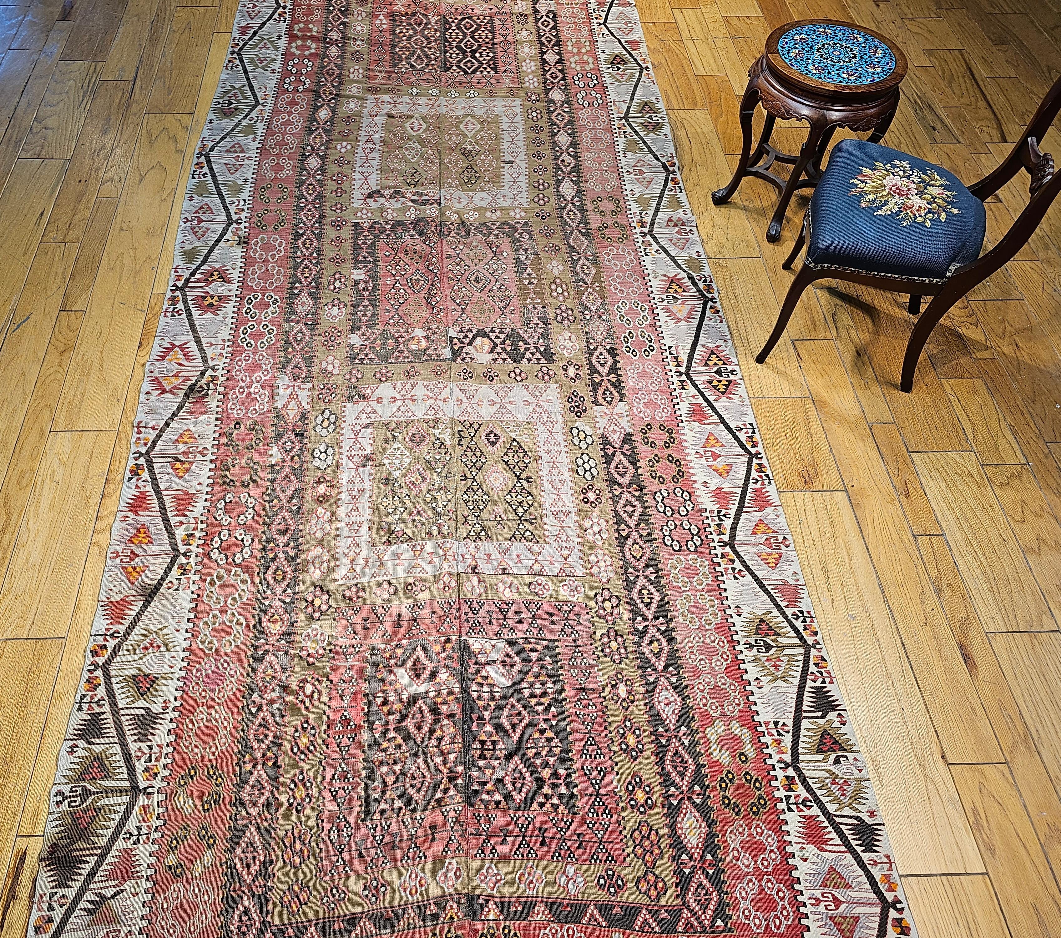 Vintage Anatolian Turkish Wide Runner Kilim in Brick Red, Ivory, Pale Green For Sale 3