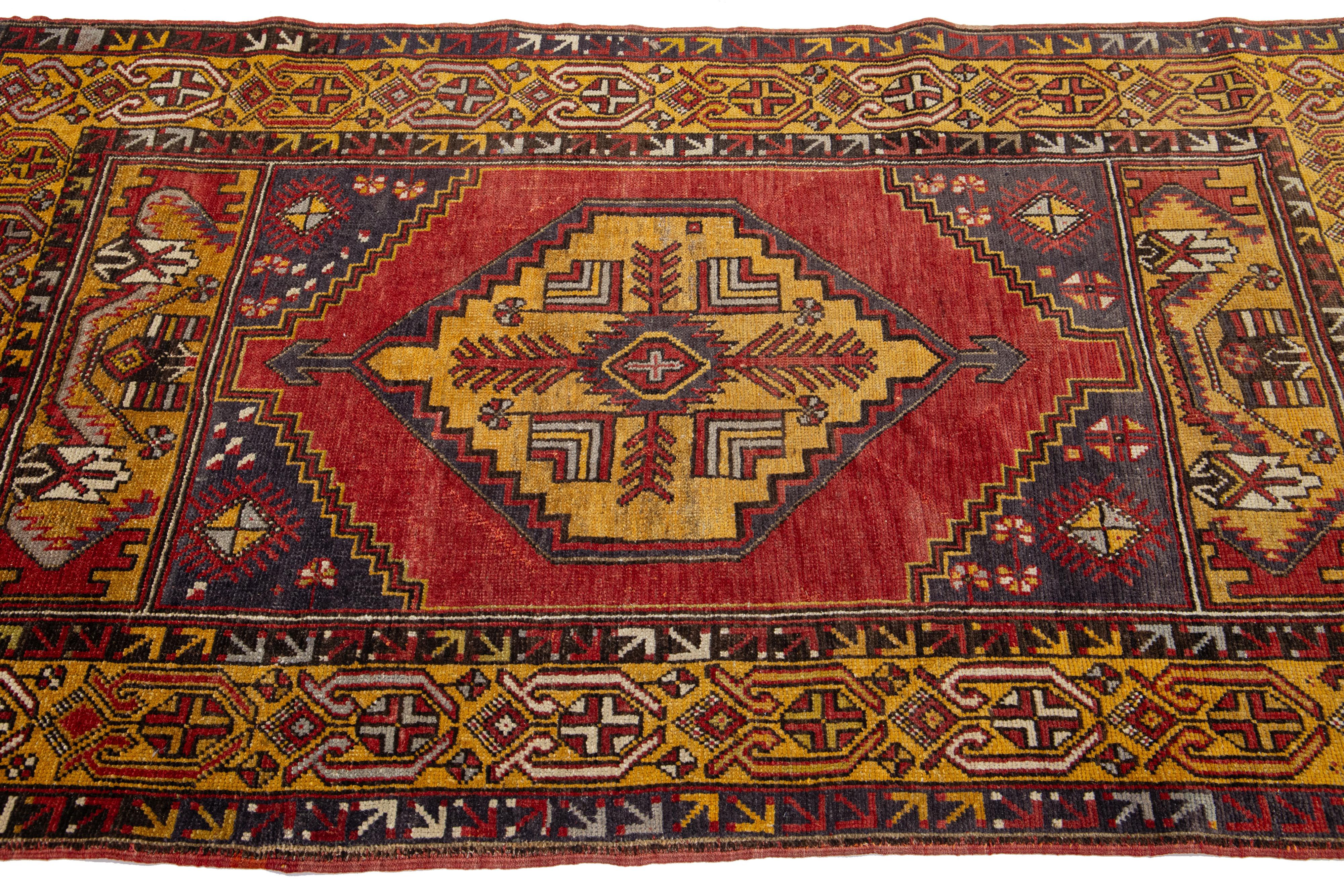 Turkish Vintage Anatolian Wool Rug With Geometric Motif In Multicolor   For Sale