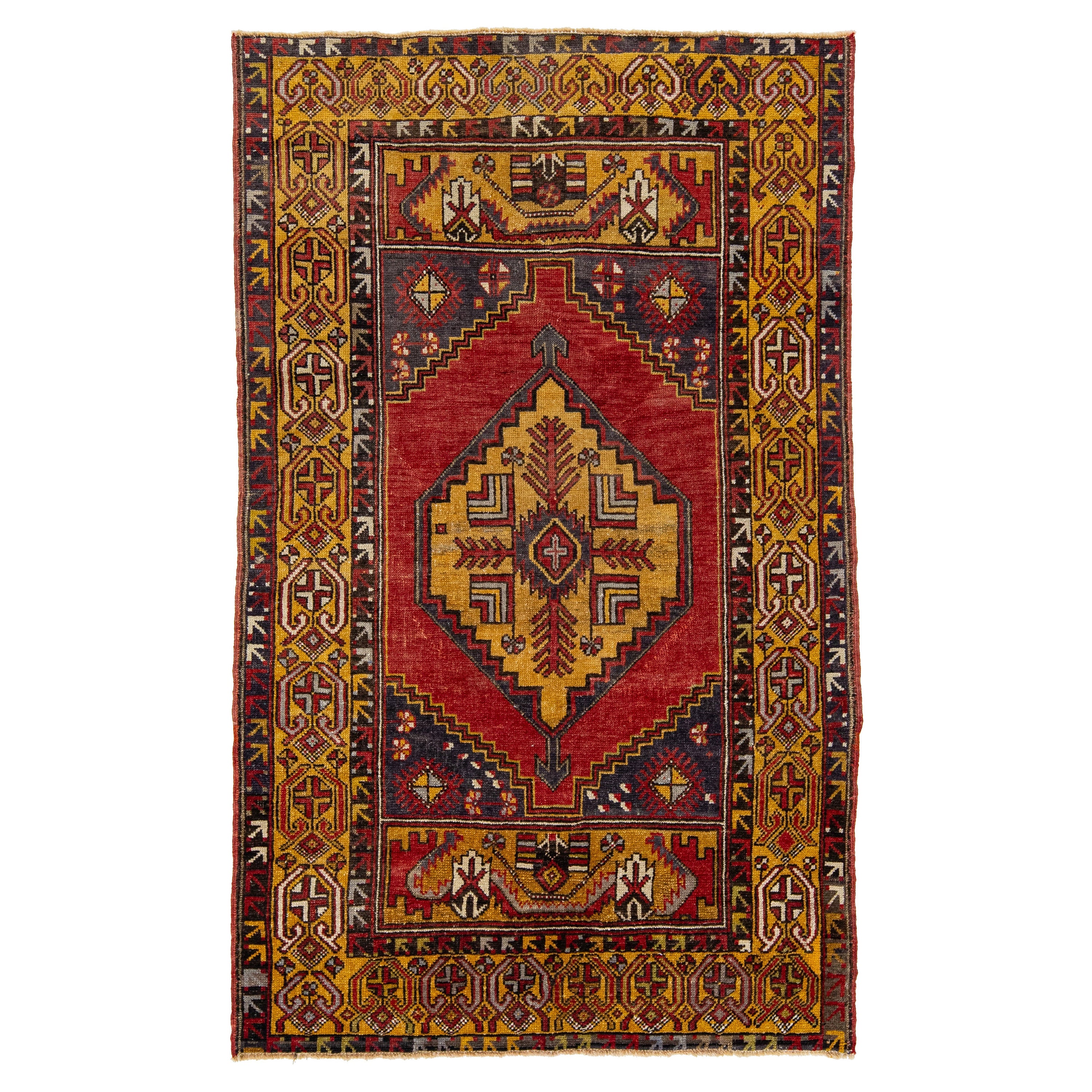 Anatolischer Vintage-Wollteppich mit geometrischem Motiv in mehrfarbigem Muster