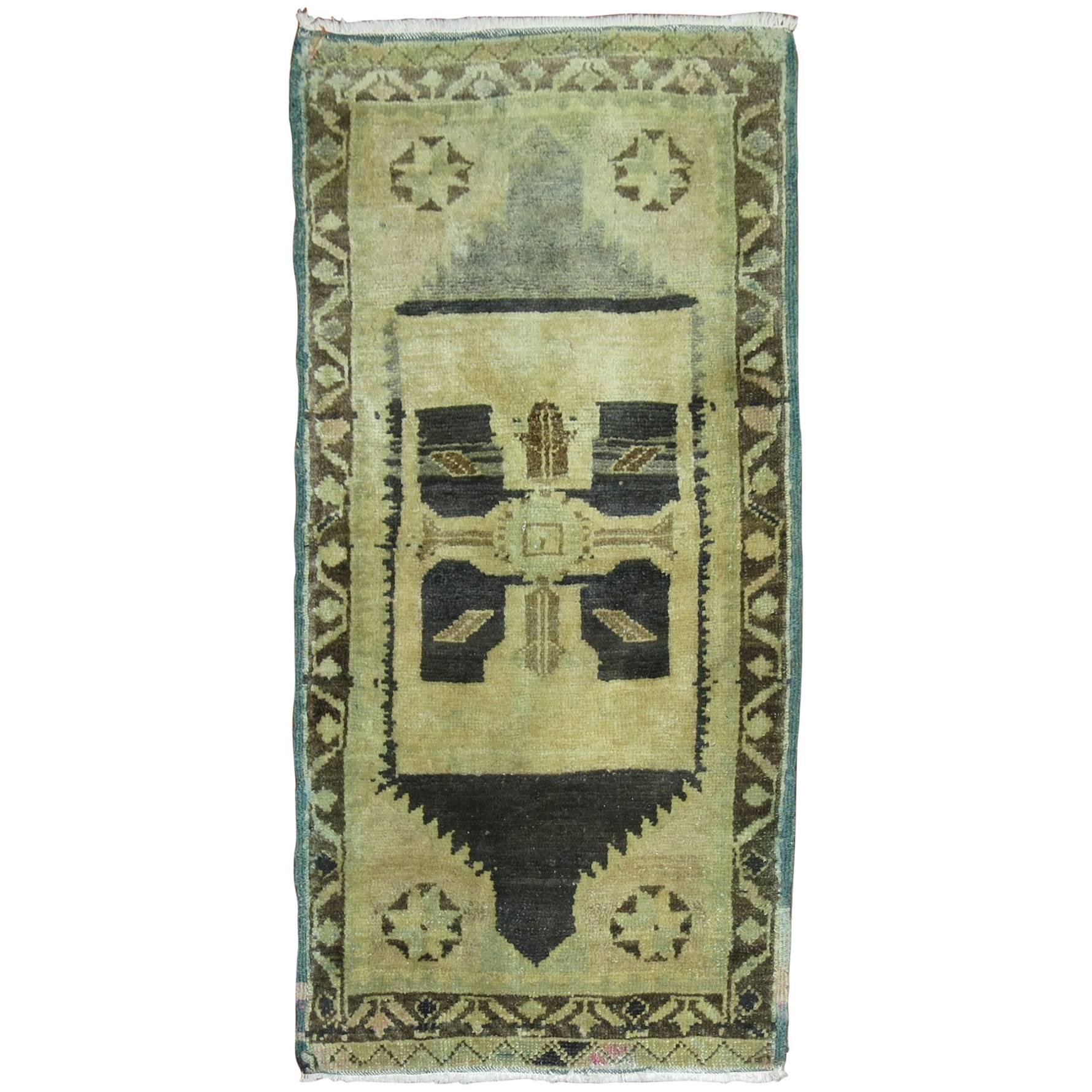 Vintage Turkish 2 x 3 Dark Brown Beige Green Accent Wool Rug