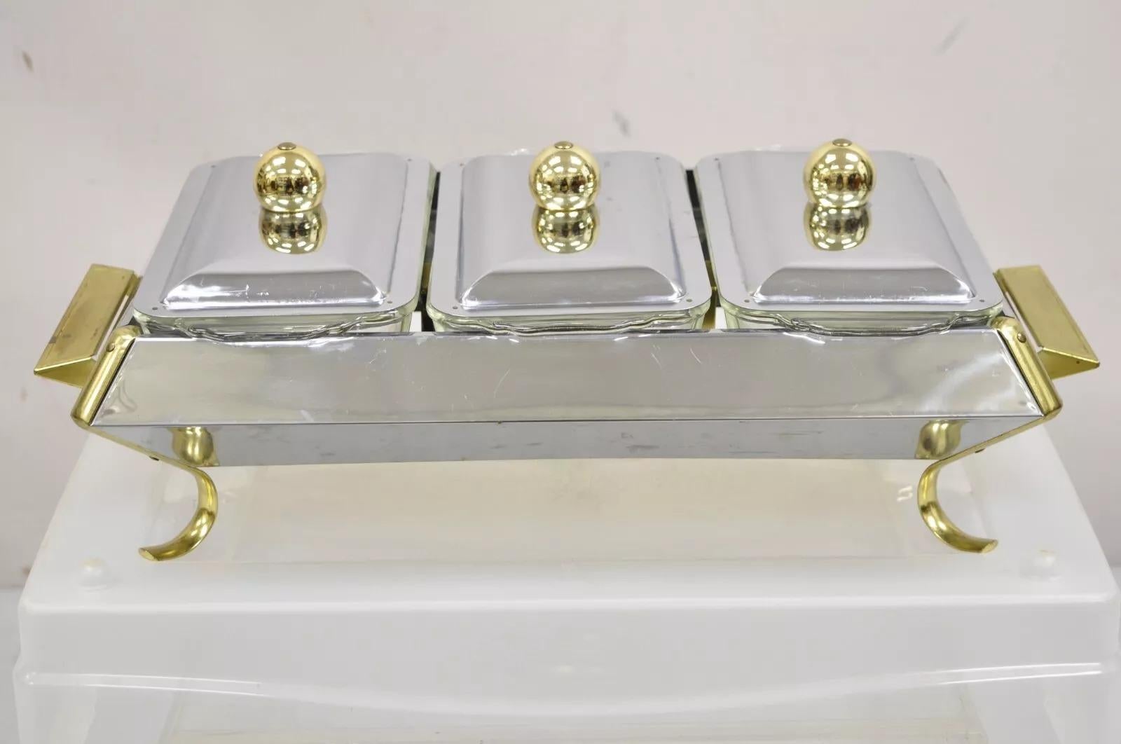 Vintage Anchor Hocking Art Deco Modern 3 Abschnitt Buffet Warmer Chafing Dish im Angebot 4