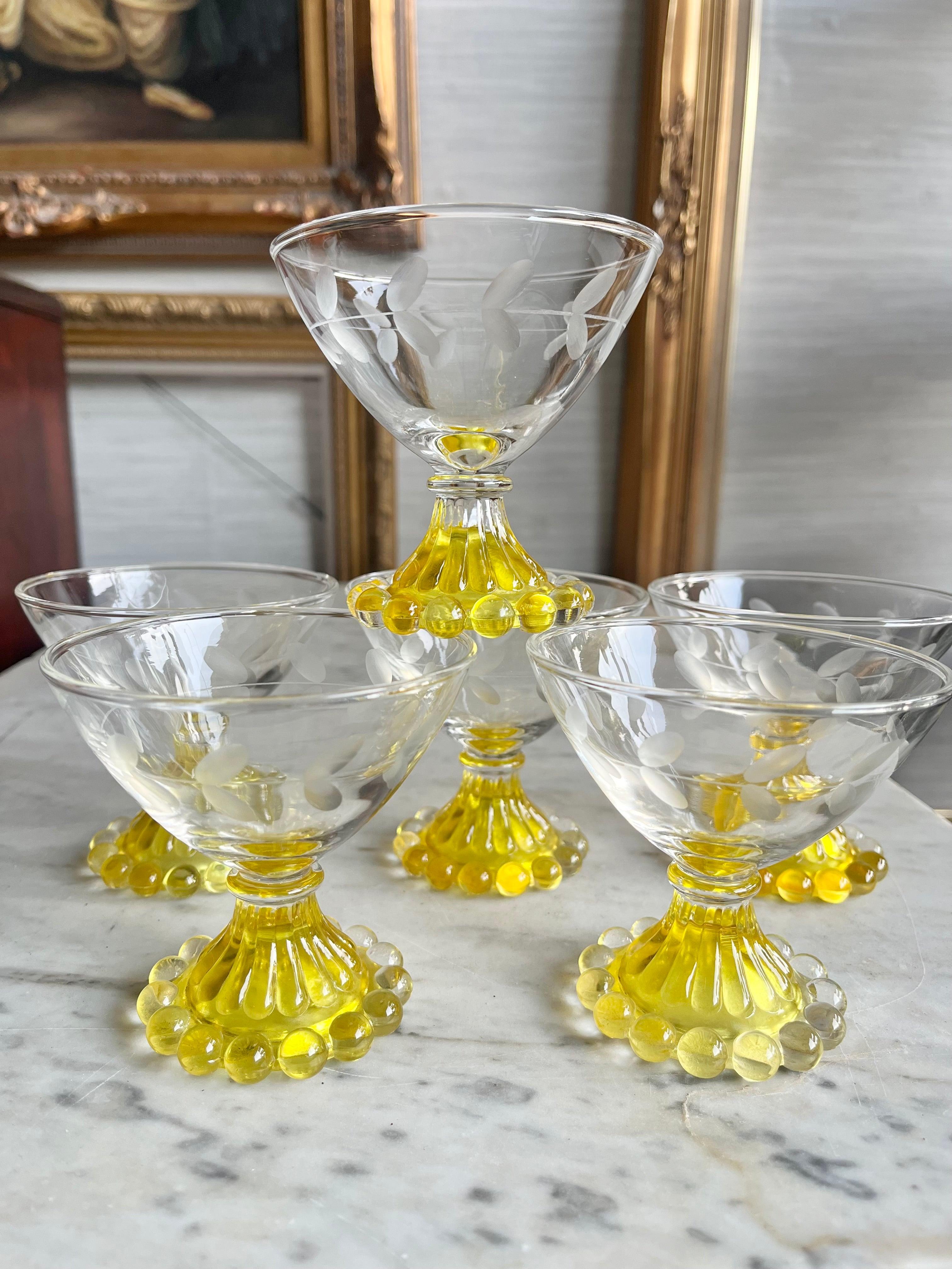 American Vintage Anchor Hocking Boopie Yellow Etched Champagne Sherbert Glasses Set Of 6