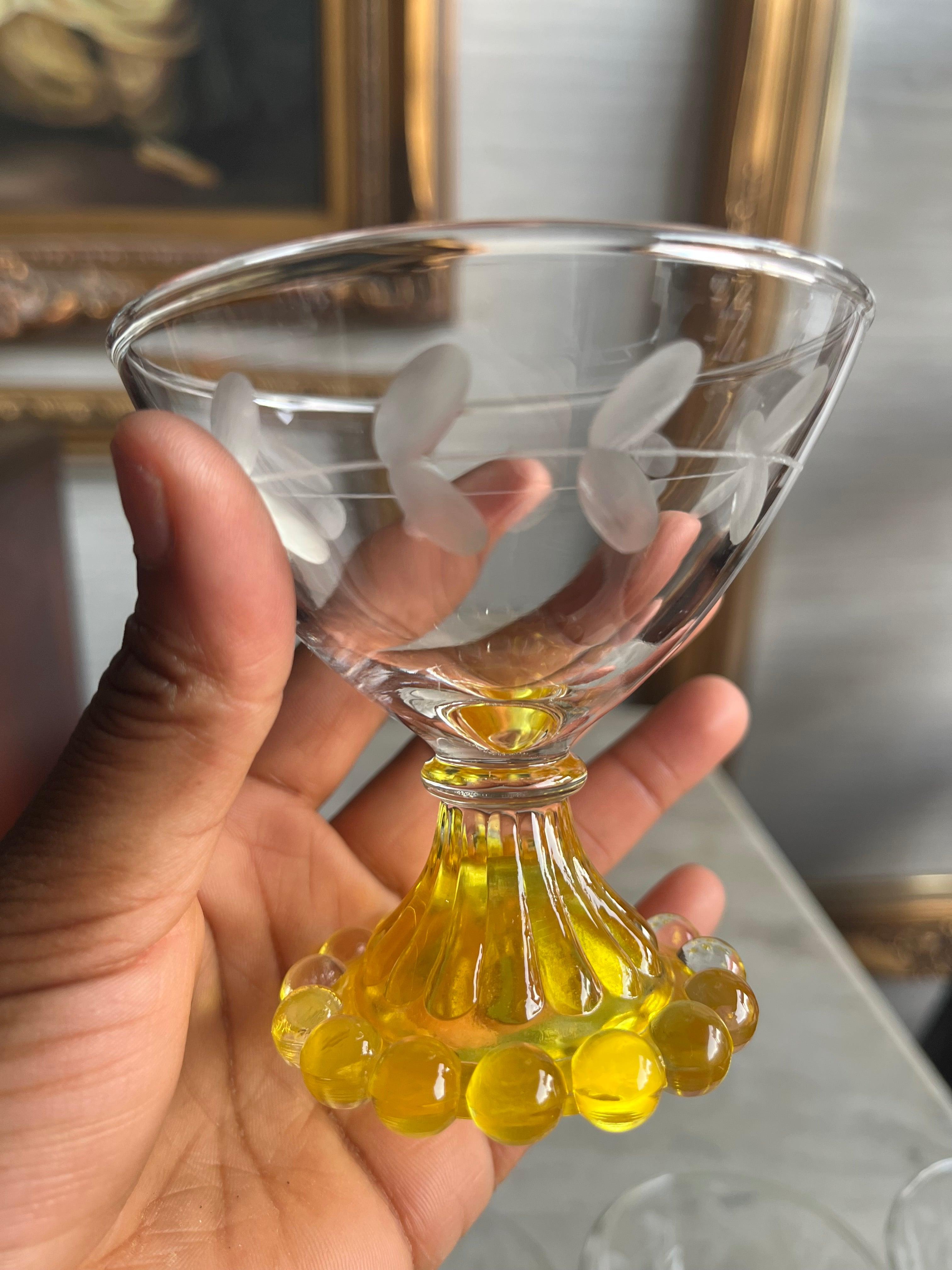 Vintage Anchor Hocking Boopie Yellow Etched Champagne Sherbert Glasses Set Of 6 In Good Condition In Portsmouth, VA