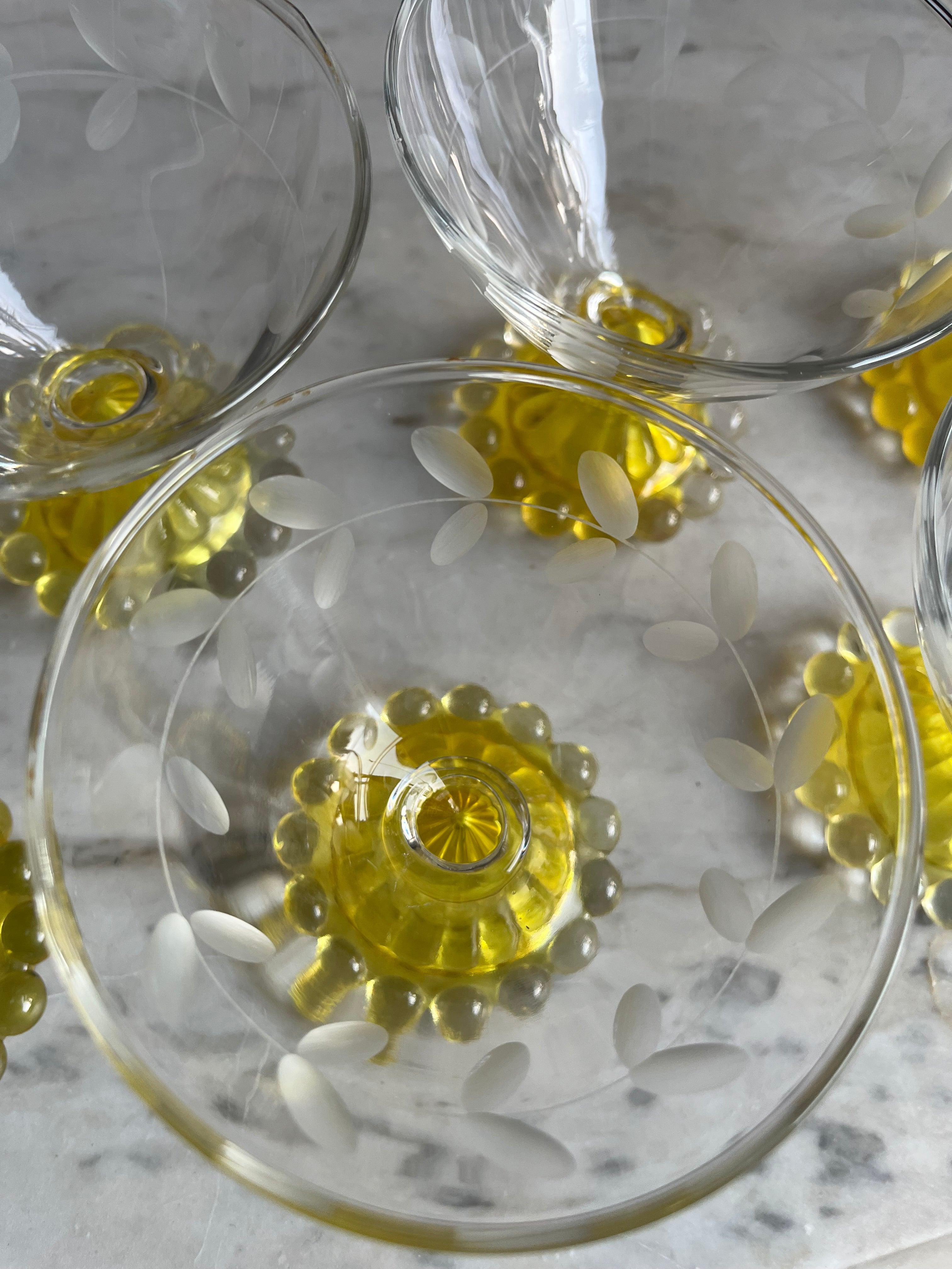 20th Century Vintage Anchor Hocking Boopie Yellow Etched Champagne Sherbert Glasses Set Of 6