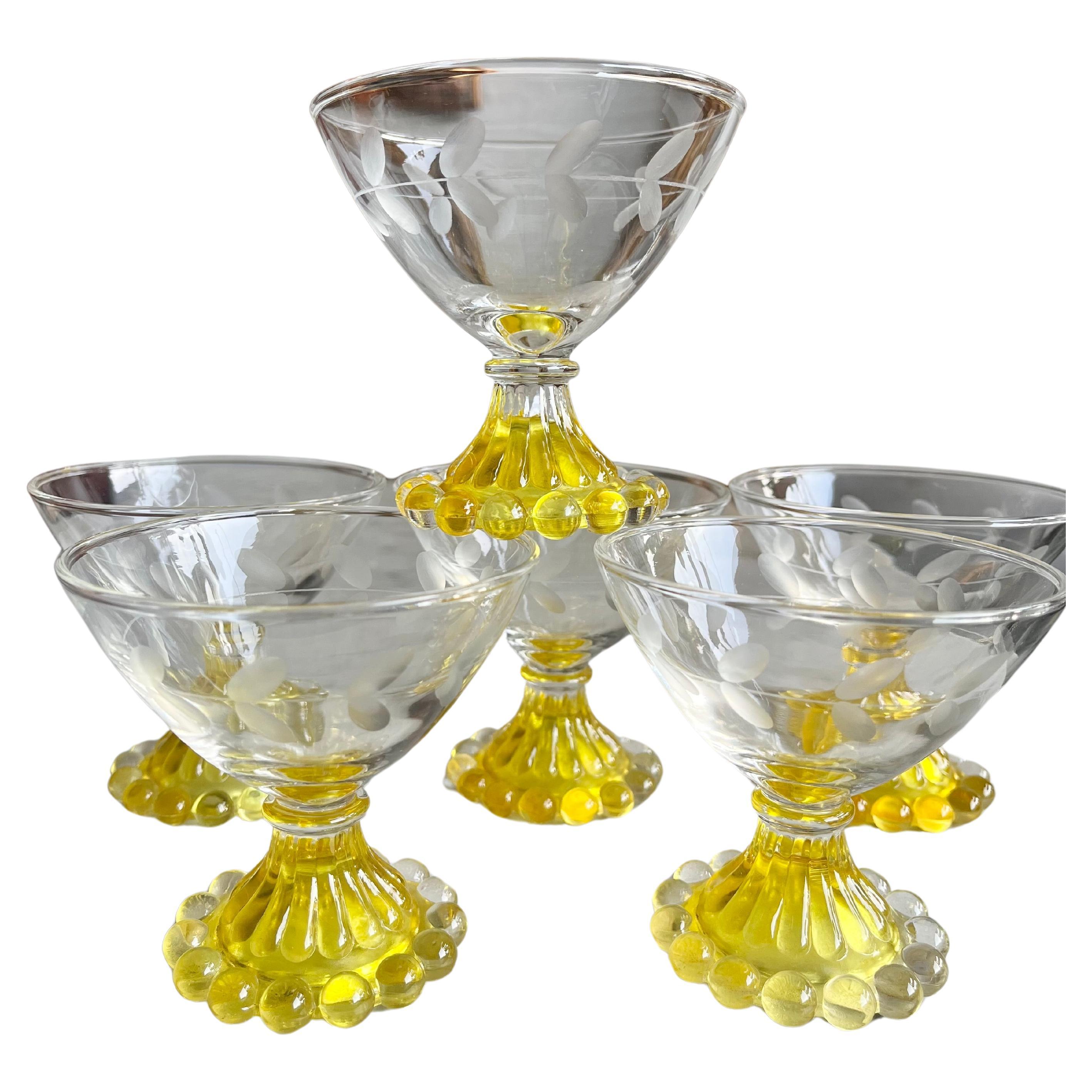 Vintage Anchor Hocking Boopie Amarillo Grabado Champán Copas De Sherbert Juego De 6