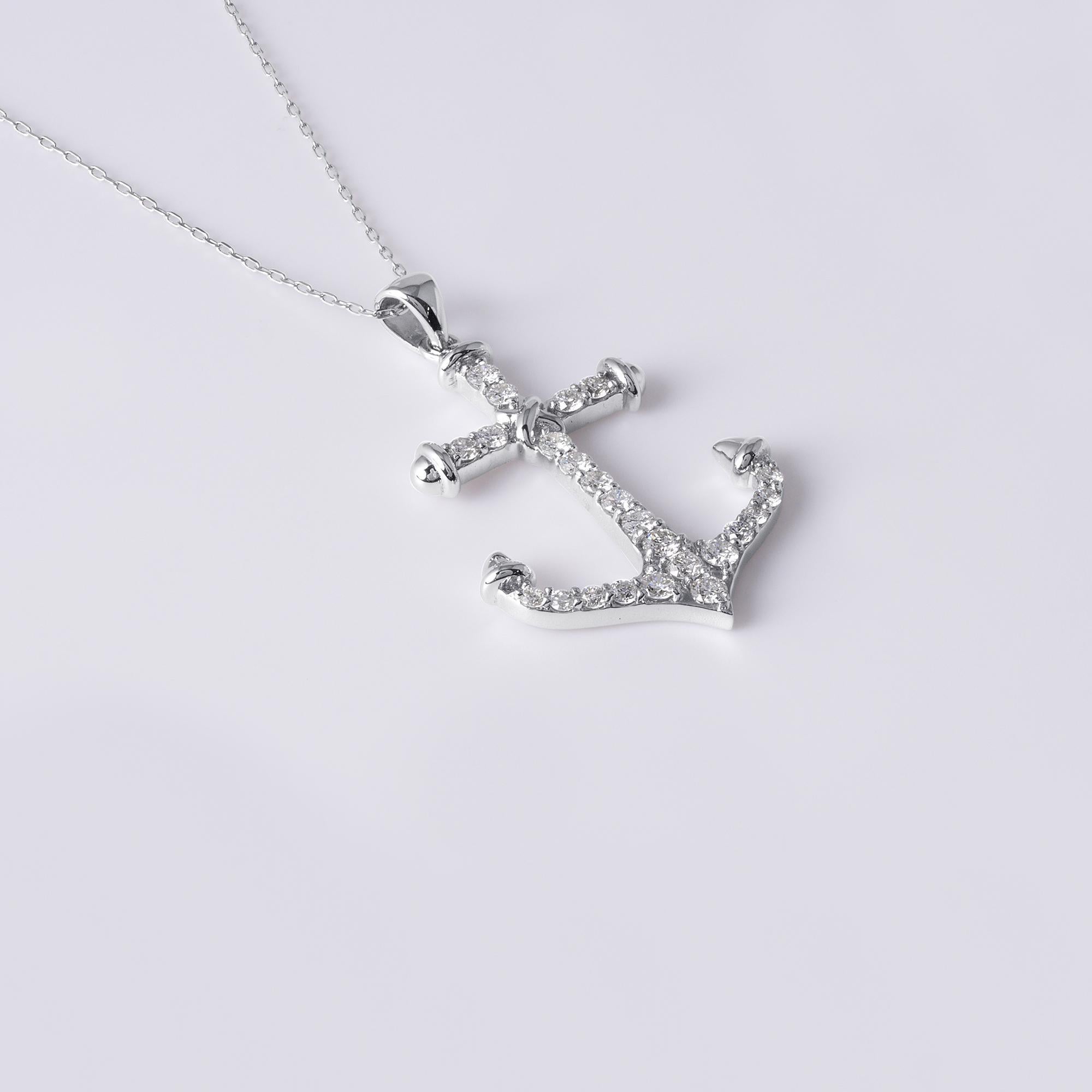 Vintage white gold anchor pendant necklace
24 round brilliant diamonds weigh 0.27 carats
F-G VS
16 in thin chain with adjuster
1inch x 0.35 inch
1.9 grams
18k white gold