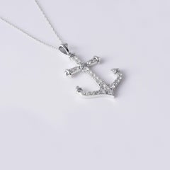 Vintage Anchor Nautical 0.27 Carats Diamond Necklace 18K White Gold