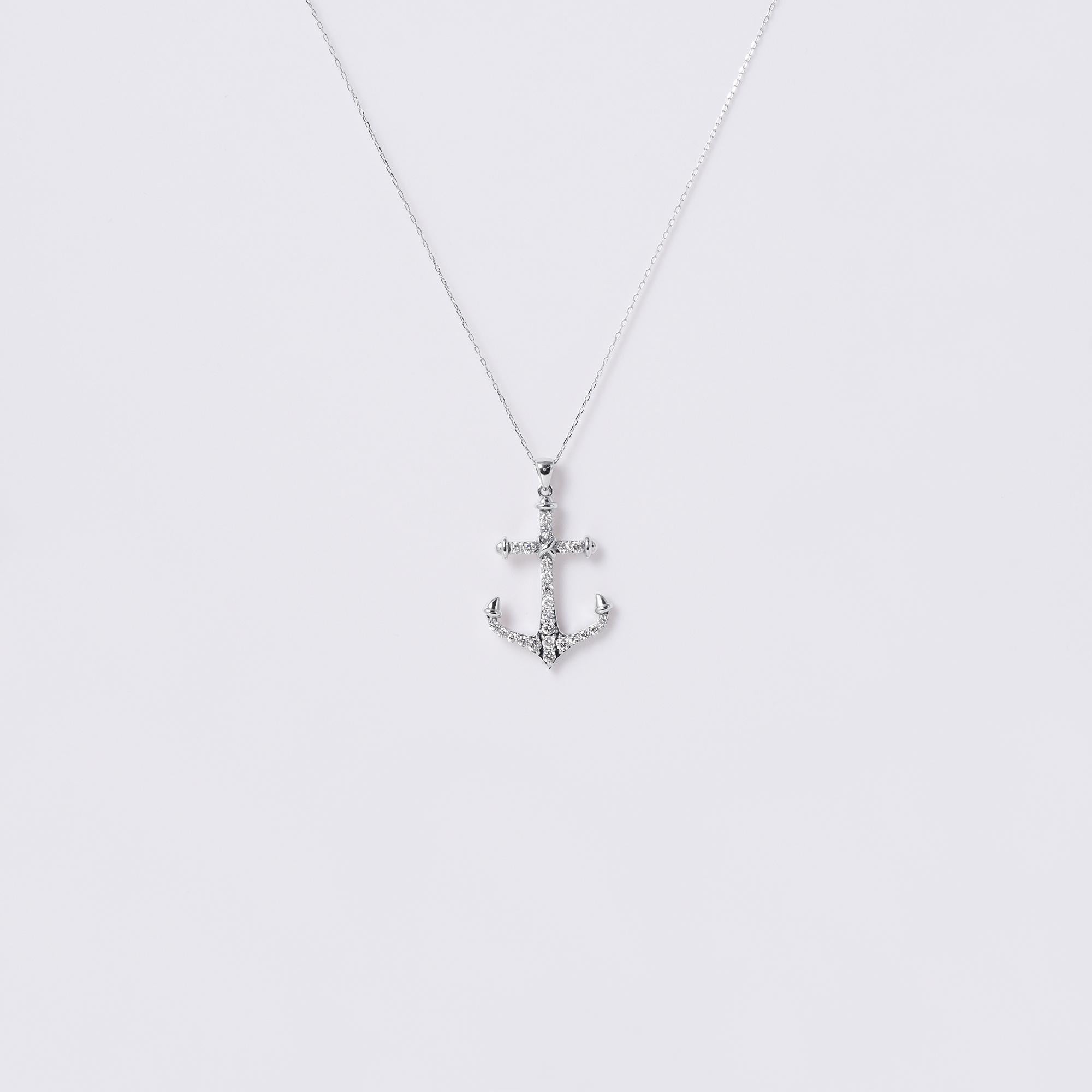 Modern Vintage Anchor Nautical 0.27 Carats Diamond Necklace 18K White Gold For Sale