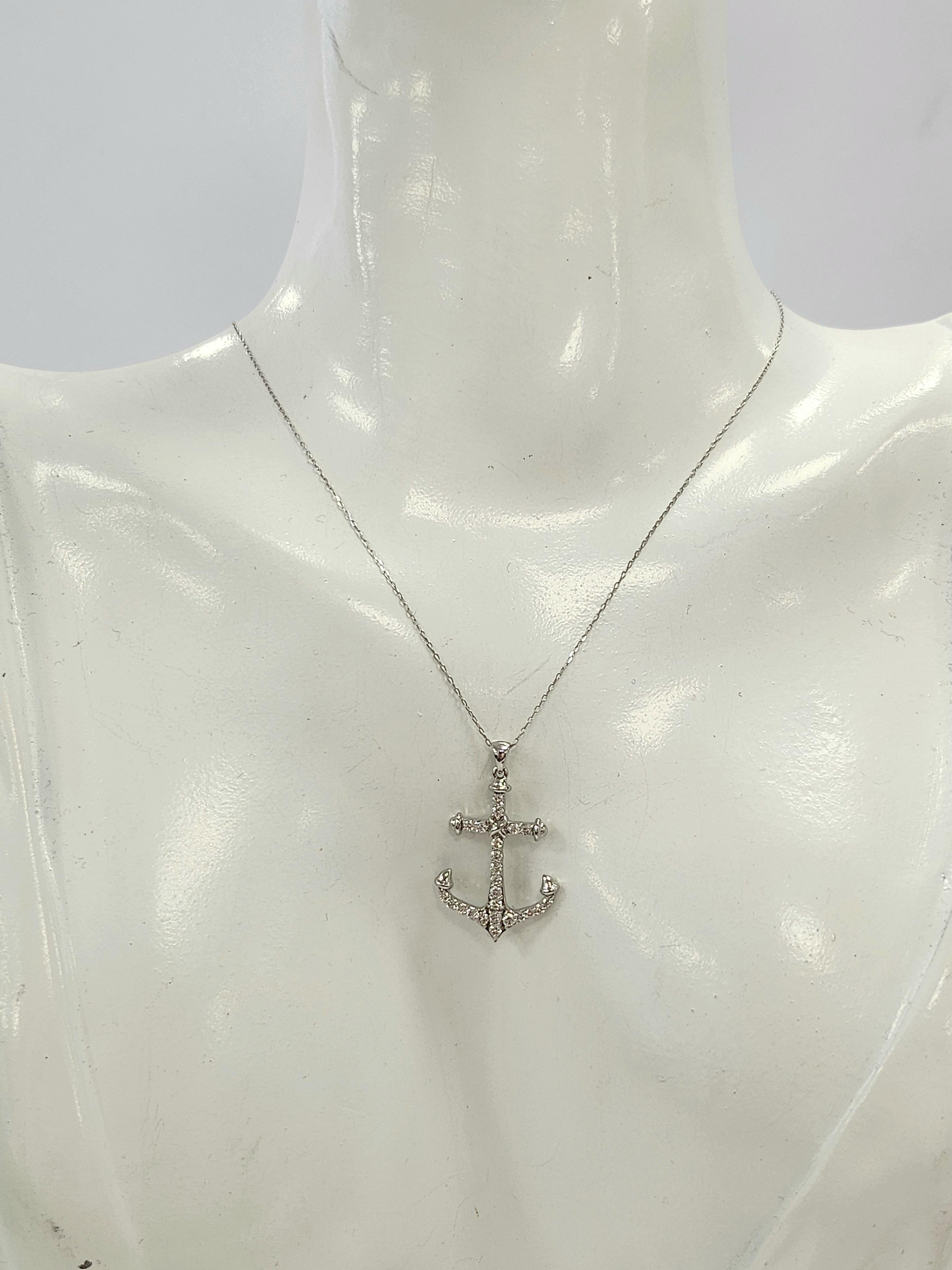Brilliant Cut Vintage Anchor Nautical 0.27 Carats Diamond Necklace 18K White Gold For Sale